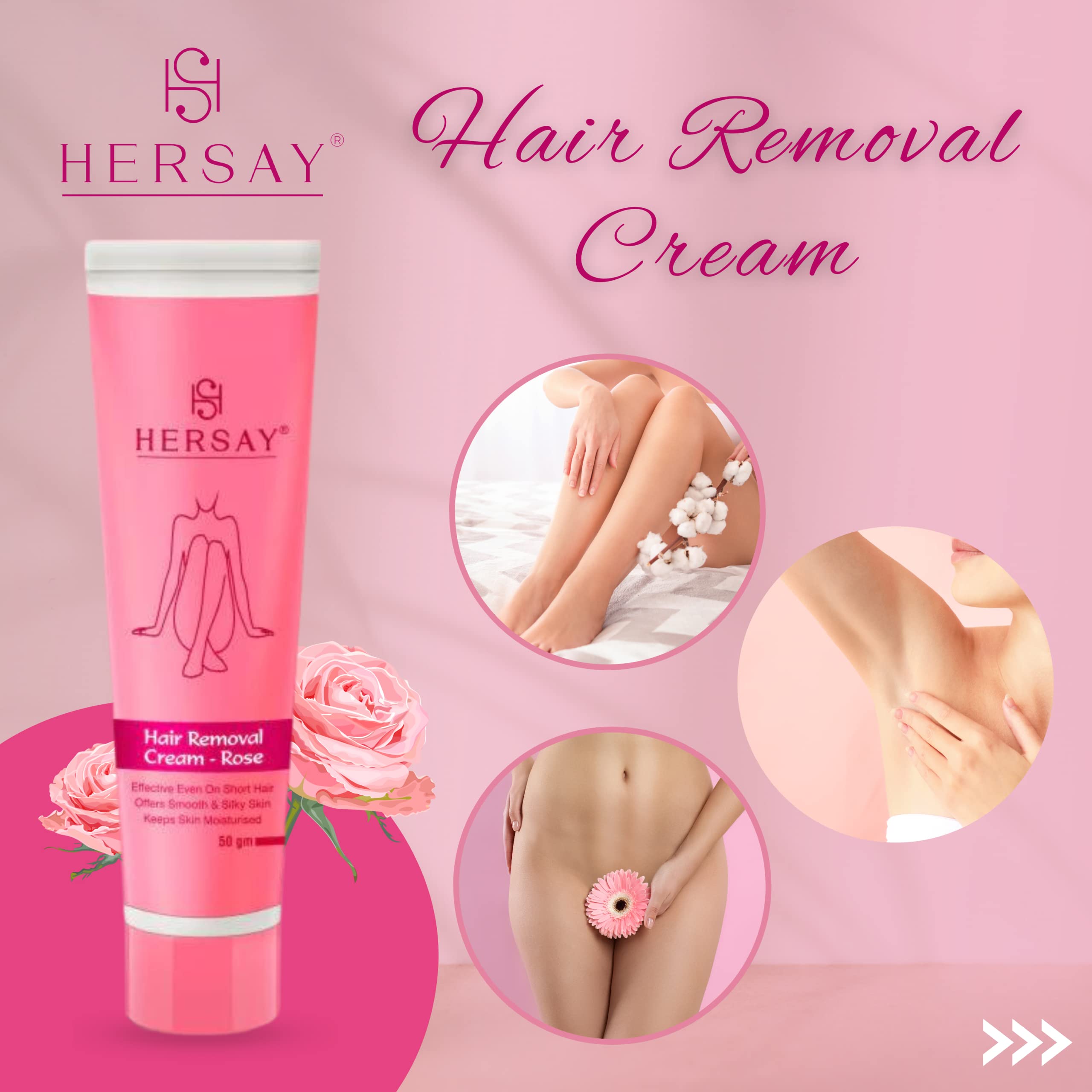 Hersay Hair Removal Cream for Women - Painless & Flawless Depilatory Cream with Shea Butter, Almond Oil & Aloe Vera | Soothes & Moisturizes Skin | Pack of 3 (50g Each) | Perfect for Legs, Arms, Bikini Line & Underarms Hair Removal