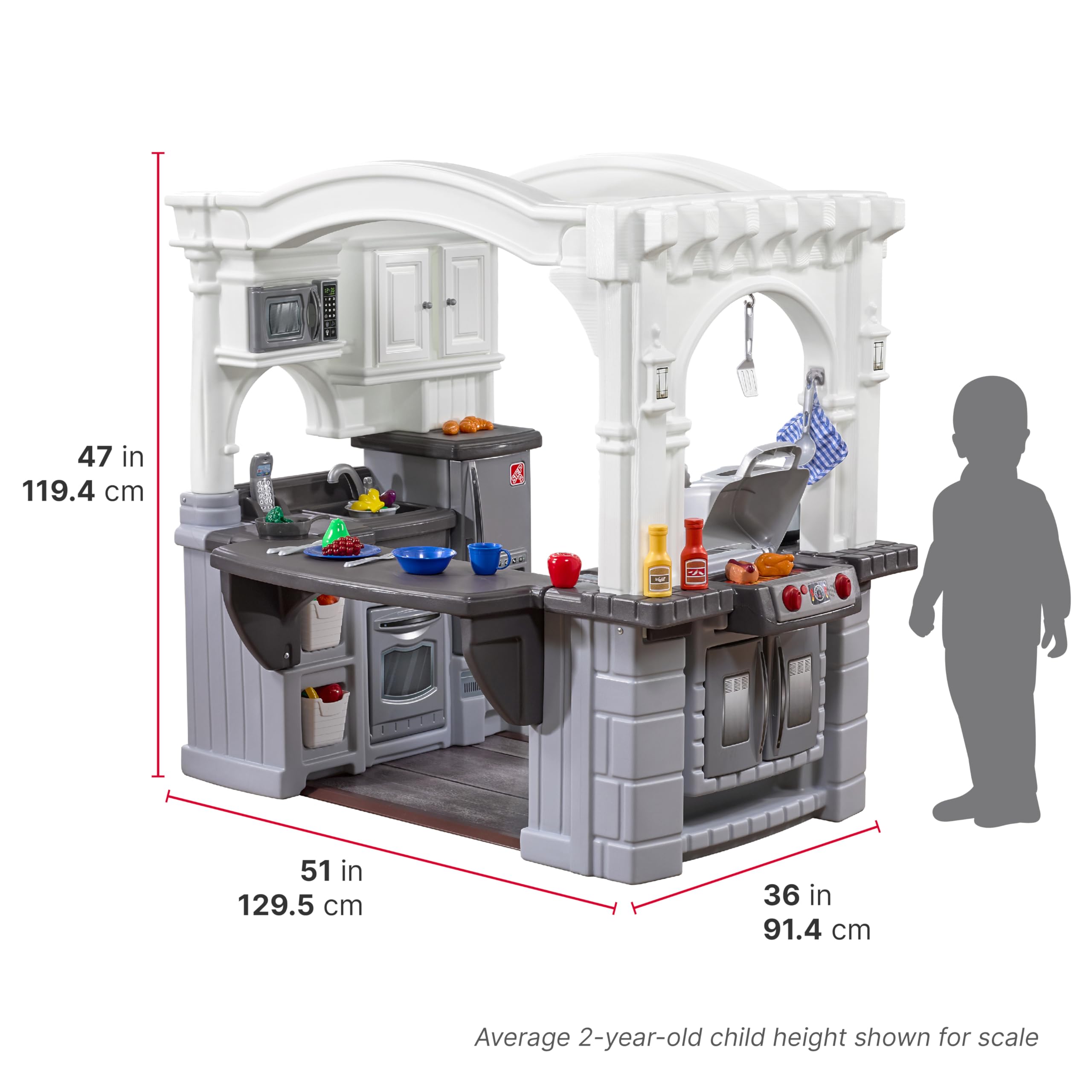Step2 Grand Walk-in Kitchen & Grill Kids Playset - Indoor/Outdoor Pretend Play Kitchen with Lights & Sounds - 103-Piece Toy Accessories for Toddlers 2+ Years - Durable Plastic Playhouse for Backyard, Playroom & Preschool (Gray/White)