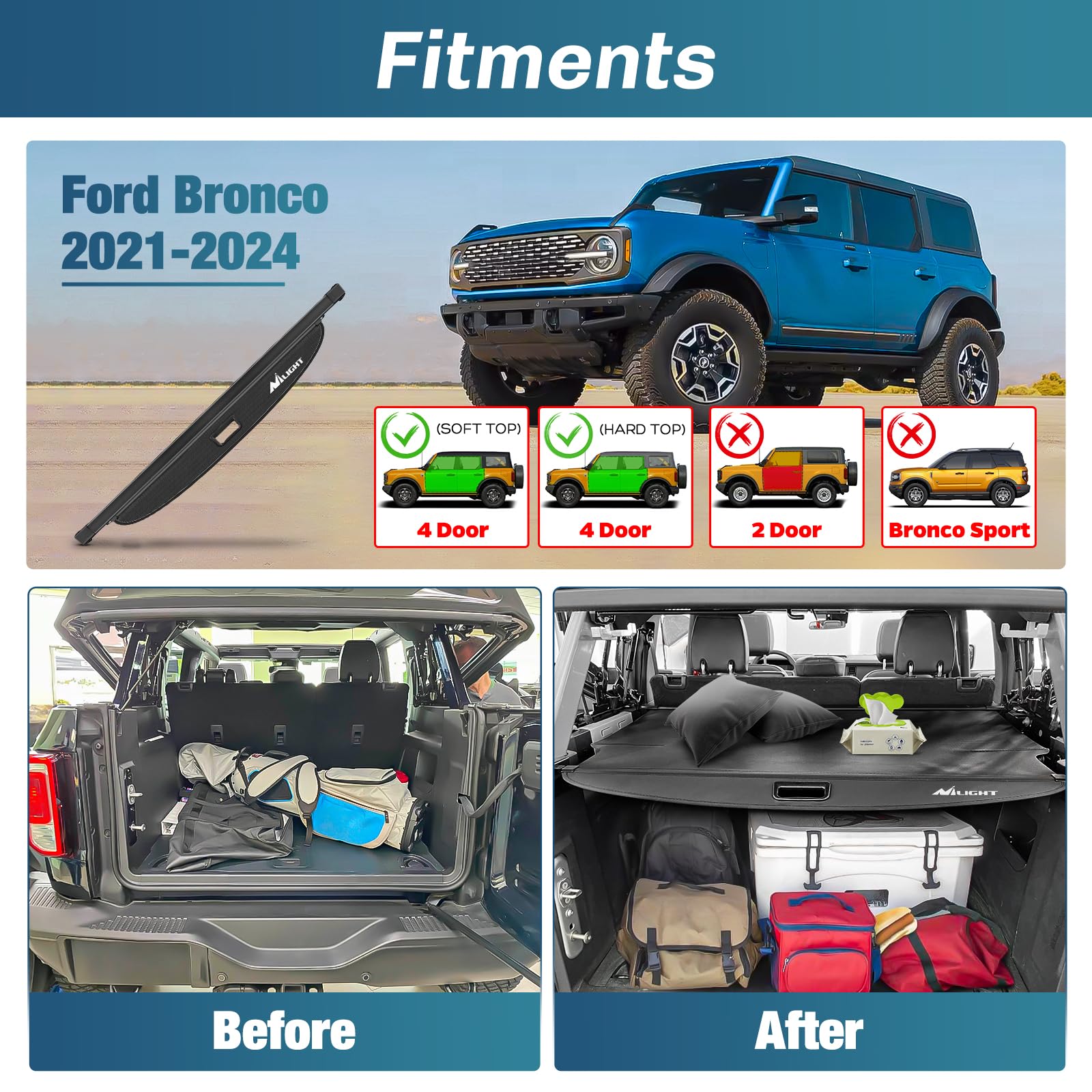 Nilight Retractable Trunk Cargo Cover for Ford Bronco 4-Door (2021-2024) | Security Shade Accessories | Durable & Easy Installation | Perfect for Road Trips, Camping & Grocery Storage