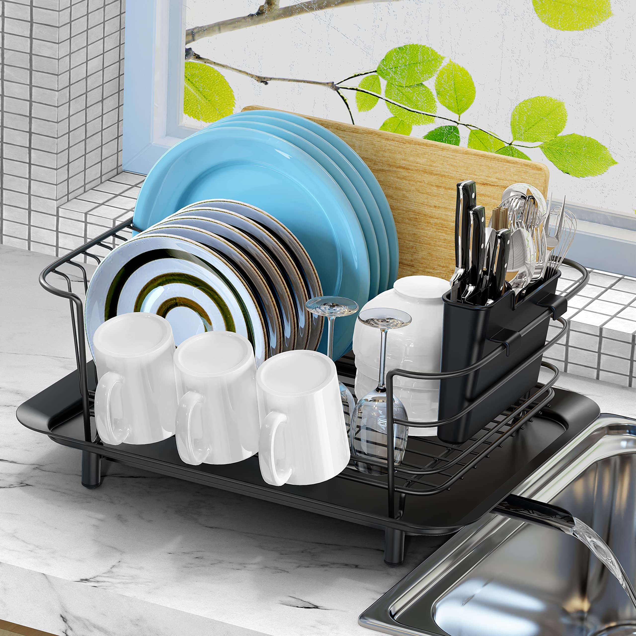 Subine Black Dish Drying Rack & Drainboard Set - Compact Rustproof Kitchen Countertop Organizer with Utensil Holder | Perfect for Small Spaces, Apartments & Daily Dish Drying Needs
