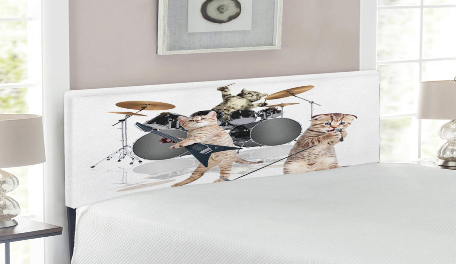 Ambesonne Animal Headboard - Rocker Band Kittens Singer Guitarist Cat Art Print, Upholstered Decorative Metal Bed Frame with Memory Foam, Queen Size Multicolor Headboard for Bedroom Decor & Music Lover's Room