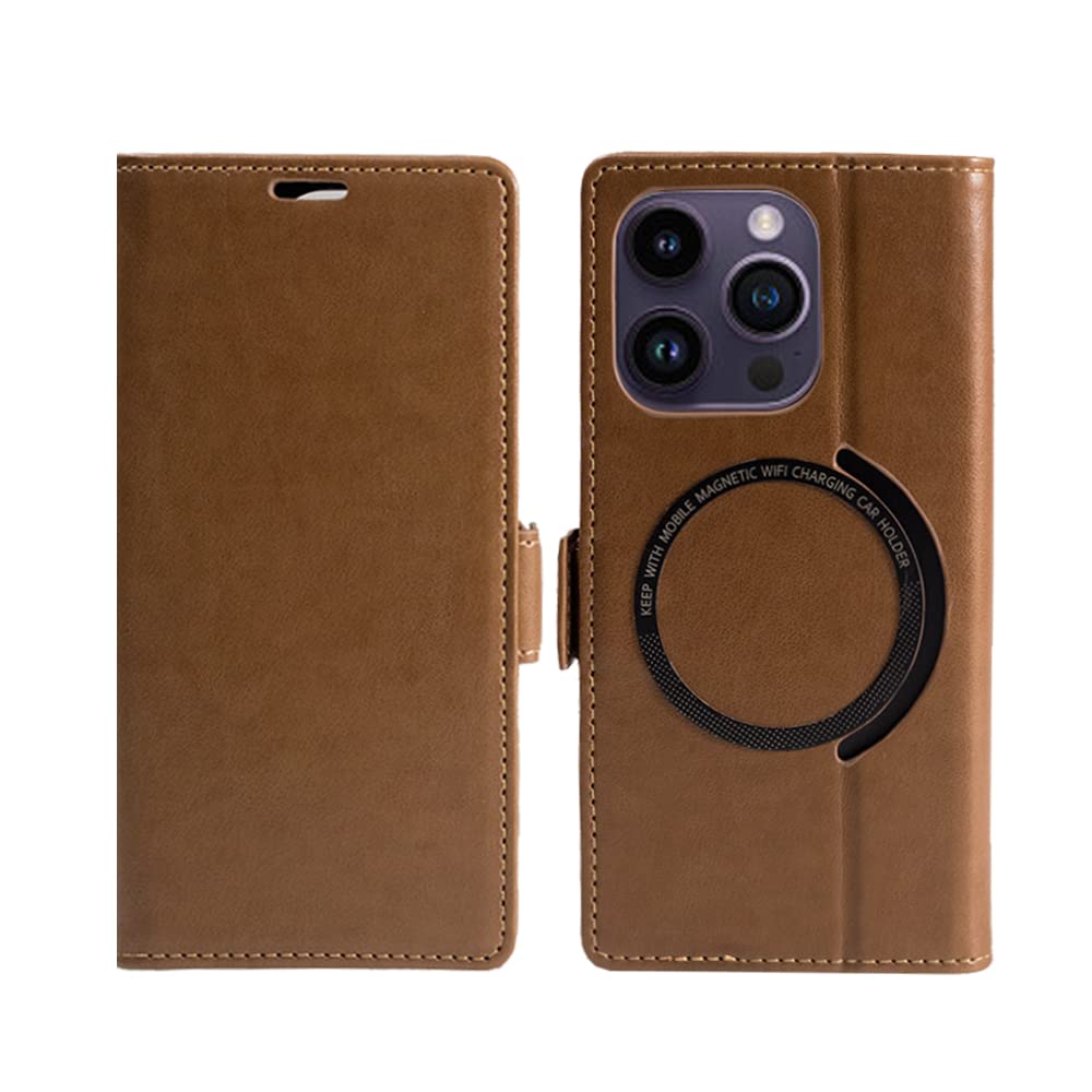 Premium PU Leather Wallet Case for iPhone 14 - Shockproof Protective Cover with RFID Blocking, Card Slots & Magsafe Wireless Charging | Brown Stand Phone Case for Work, Travel & Everyday Use
