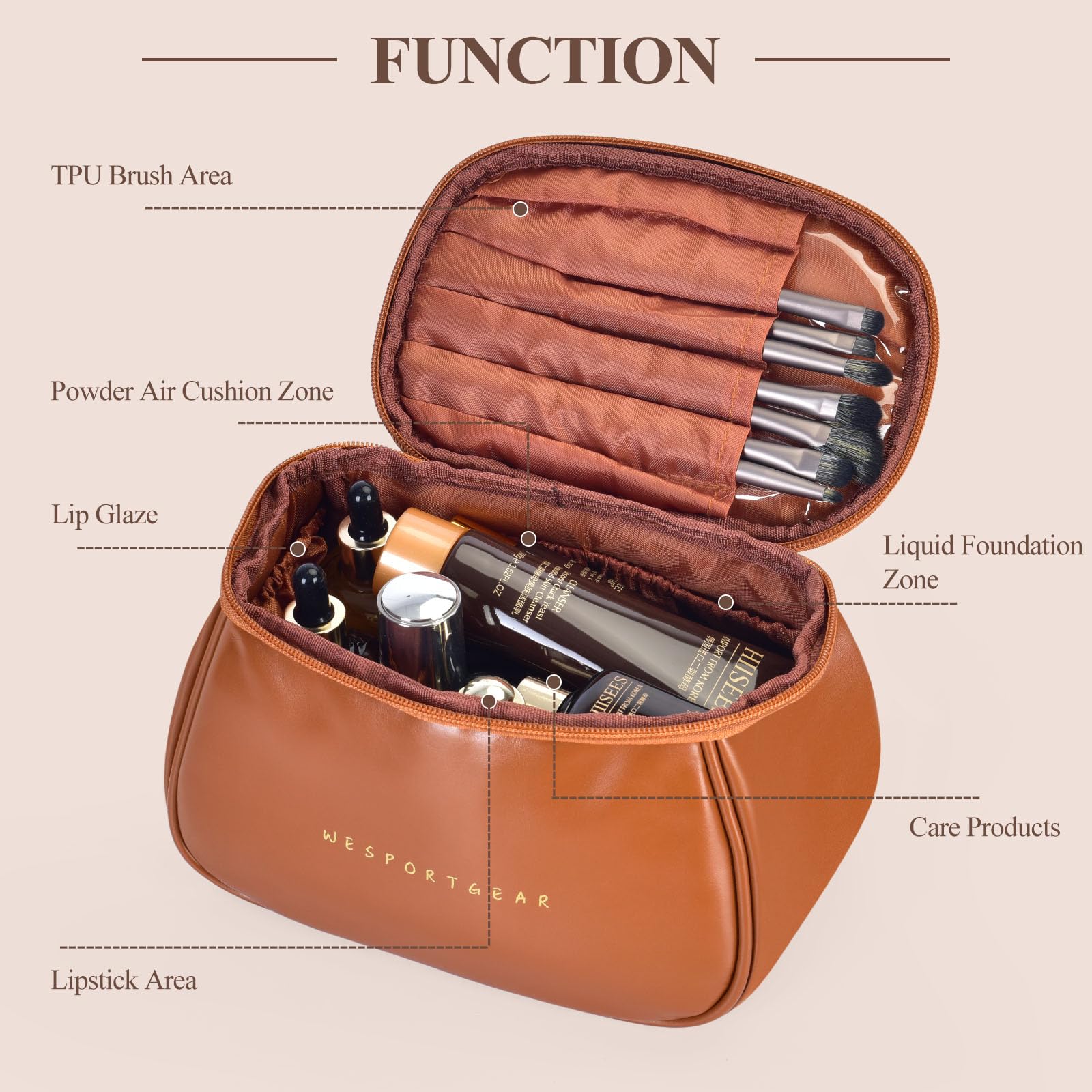 Waterproof Travel Makeup Bag for Women - Large Capacity Cosmetic Organizer with Multiple Compartments, Portable Toiletry Bag for Vacation, Business Trips & Gym Essentials (Brown)