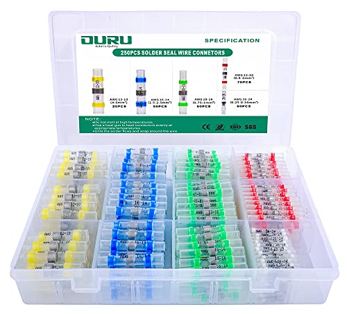 250PCS Marine Grade Heat Shrink Solder Seal Wire Connectors - Waterproof Insulated Butt Splice Connectors for Automotive, Boat & Electrical Wiring Repairs