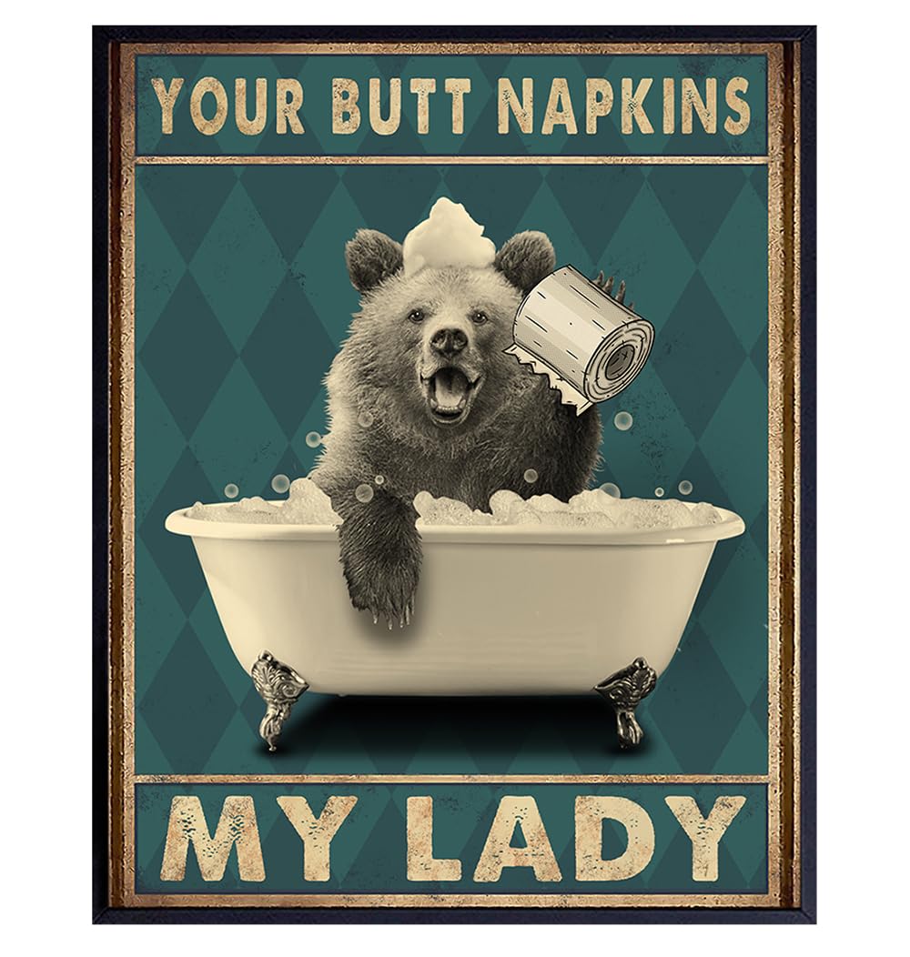 Bear Wall Decor - Rustic Country Bathroom Accessories & Funny Wall Art for Women & Kids - Bathroom Pictures for Guest Bath & Powder Room - Perfect for Cabin, Farmhouse, or Cottage Style Decor