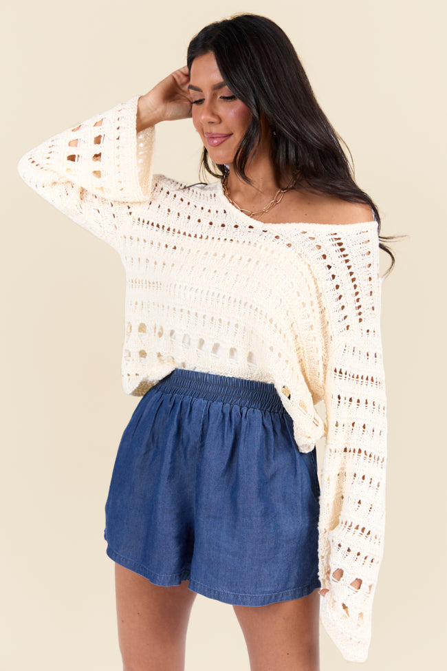 Chasing Daylight Cream Open Knit V-Neck Sweater for Women - Soft & Lightweight Pullover - Perfect for Spring & Fall Layering | Casual Outfits, Office Wear & Weekend Brunch