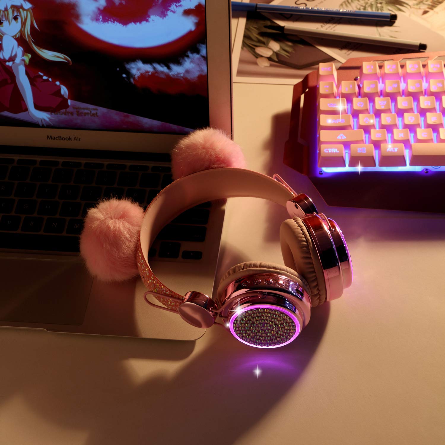 Wireless LED Color Changing Bluetooth Headphones with Mic for Girls - 10H Playtime, Bluetooth 5.0, Pink - Perfect for School, Christmas Gifts & Daily Use