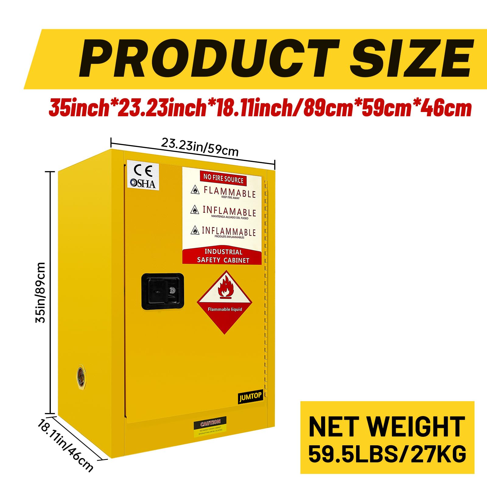 24 Gallon Flammable Safety Storage Cabinet - 35H x 23W x 18.2D Galvanized Steel Hazardous Material Cabinet with Adjustable Shelves | Fireproof Chemical Storage for Workshop, Garage, Laboratory & Industrial Use