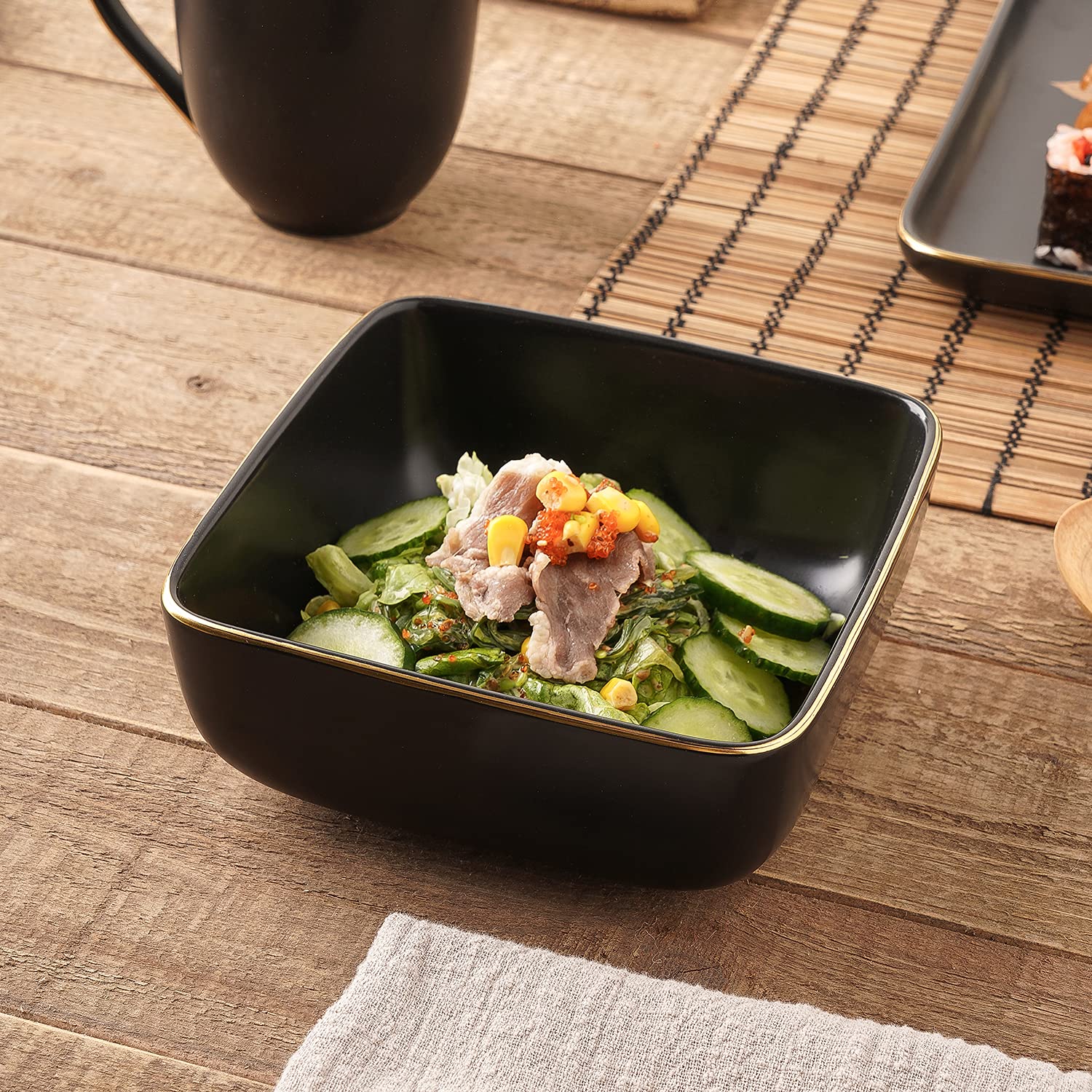 Premium Black & Gold Leaf Porcelain Dinnerware Set - 16-Piece Square Plates & Bowls for 4 People - Elegant Stone Lain Tableware for Fine Dining, Dinner Parties & Home Decor