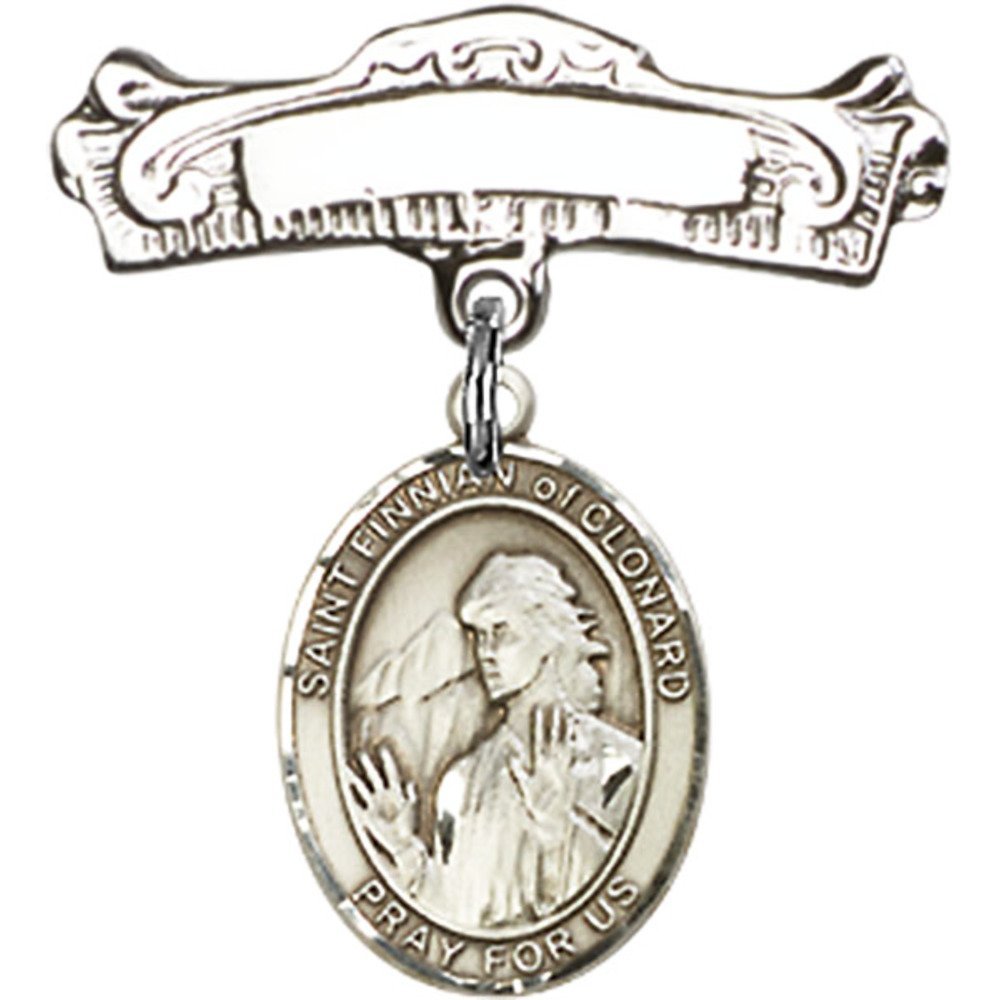 Sterling Silver Baby Badge with St. Finnian of Clonard Charm - 7/8 X 7/8 Inch Arched Polished Pin for Christening, Baptism & First Communion Gifts