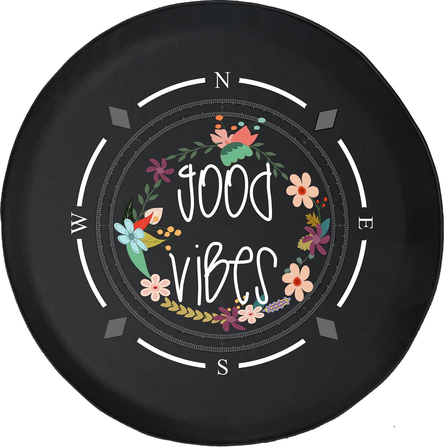 American Unlimited Spare Tire Cover with Compass Design - Good Vibes Flowers Garden Wheel Cover for SUV, Trailer, RV Accessories & Various Vehicles | Durable Outdoor Protection for Road Trips & Camping Adventures
