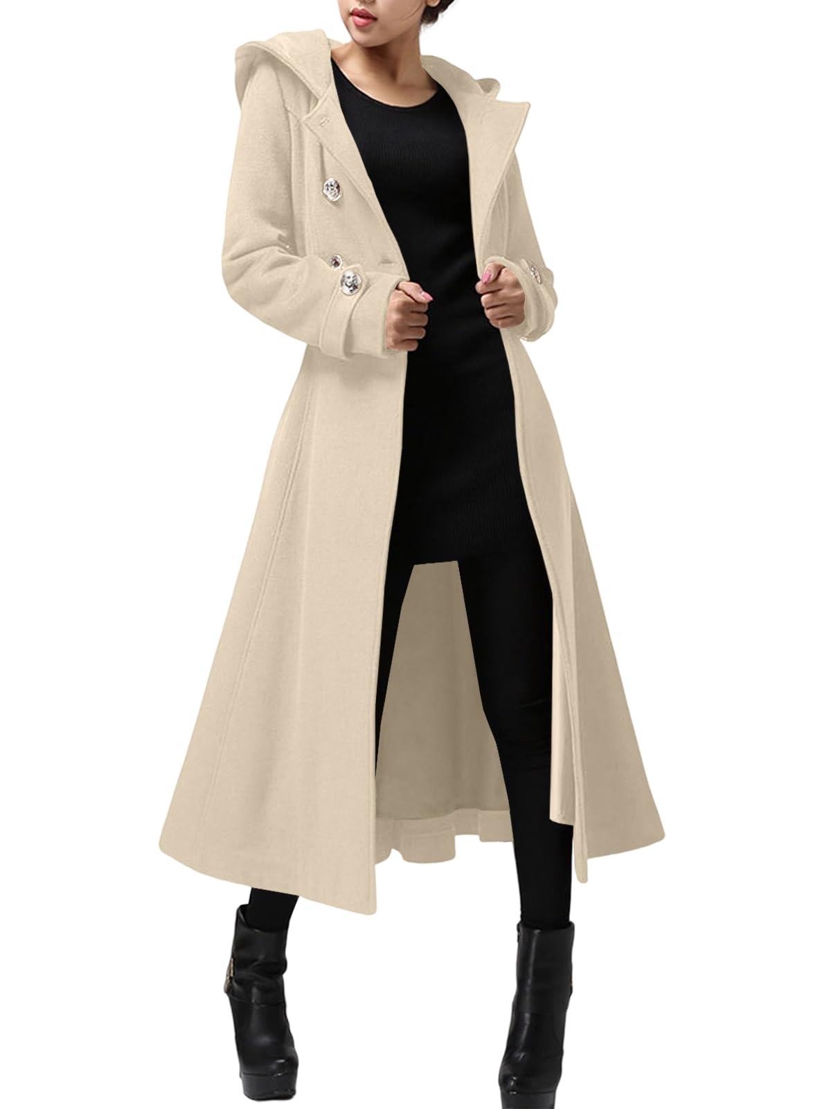 Cicy Bell Women's Long Double-Breasted Hooded Winter Coat - Warm Wool Trench Coat with Adjustable Belt for Cold Weather - Perfect for Office, Travel & Outdoor Activities