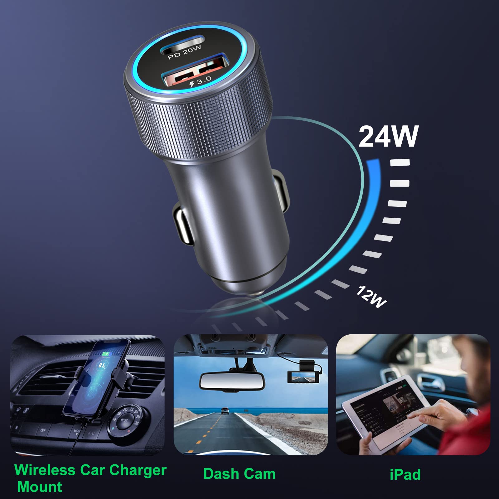 Bangfun 36W Dual USB C Car Charger with PD&QC 3.0 Fast Charging - 12V Cigarette Lighter Adapter for iPhone 16/15/14/13/12/11 Pro Max & Samsung A13/A53/A54 - Perfect for Road Trips & Daily Commutes (Grey)