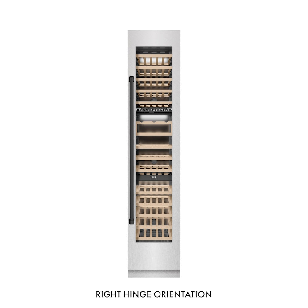 ZLINE Autograph Edition 18 Inch 9.0 cu ft Triple Zone 68 Bottle Right Hinge Stainless Steel Wine Cooler Refrigerator with Matte Black Accents - Perfect for Home Bars, Wine Cellars, and Entertaining Spaces (RCWVRZ SN 18 MB)