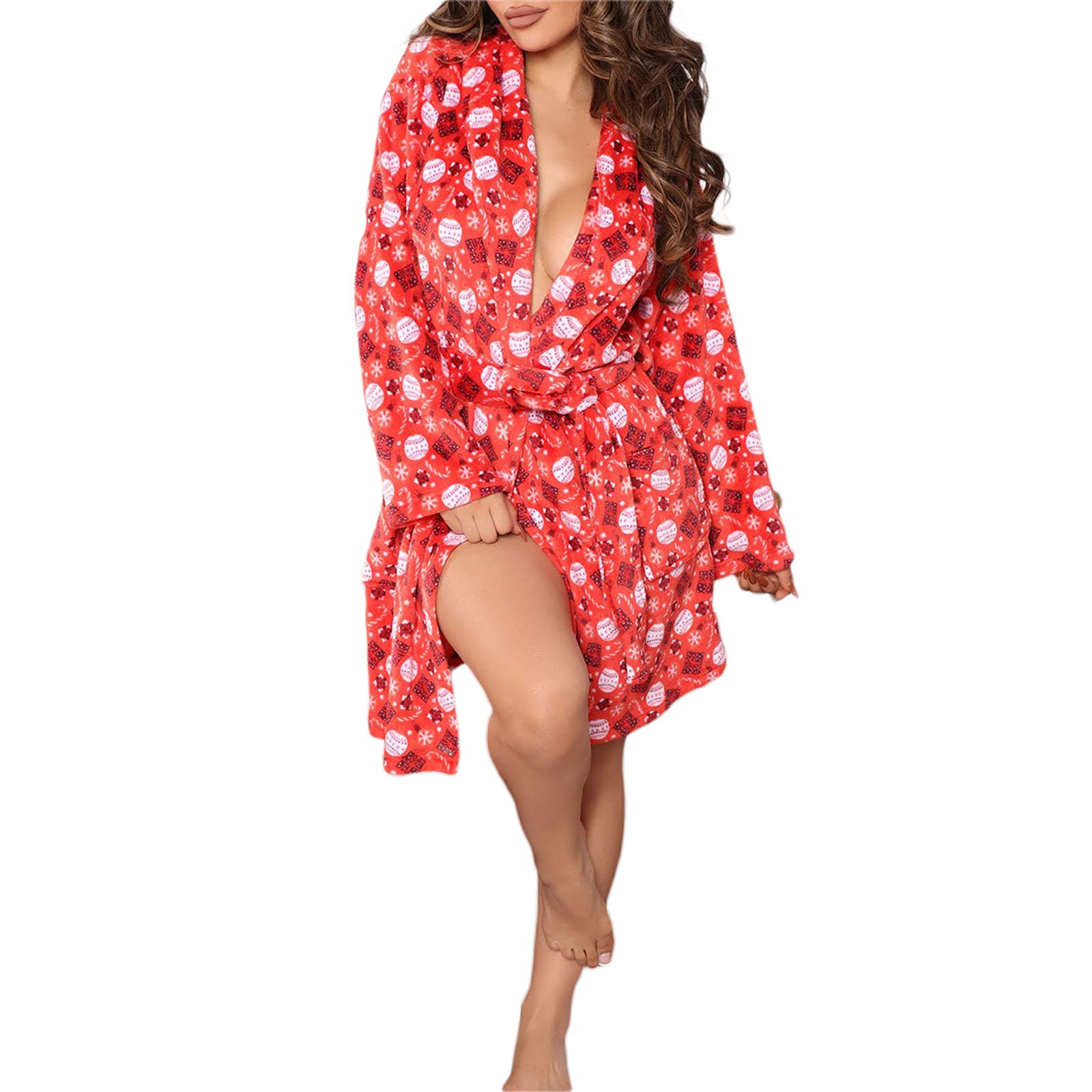 Bowanadacles Women's Long Sleeve Fleece Plush Robe - Floral Printed V-Neck Nightgown for Winter & Fall | Cozy Homewear, Loungewear & Sleepwear for Cold Nights