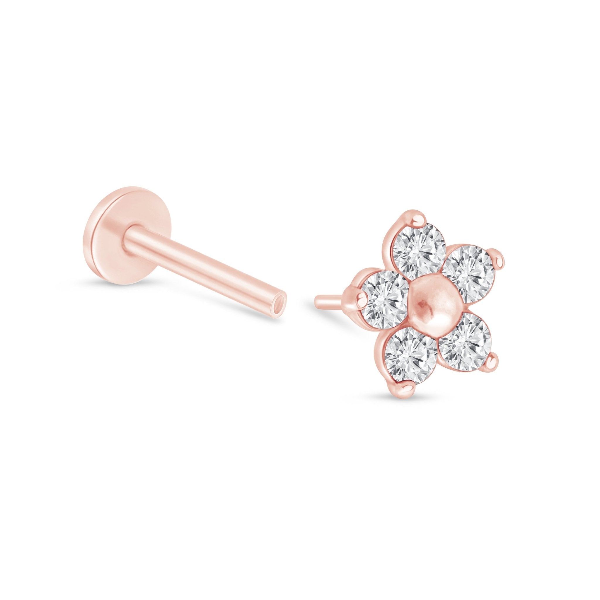 14k Rose Gold Five Diamond Flower Stud Earrings for Women - Elegant Floral Flat Back Earrings for Daily Wear & Special Occasions