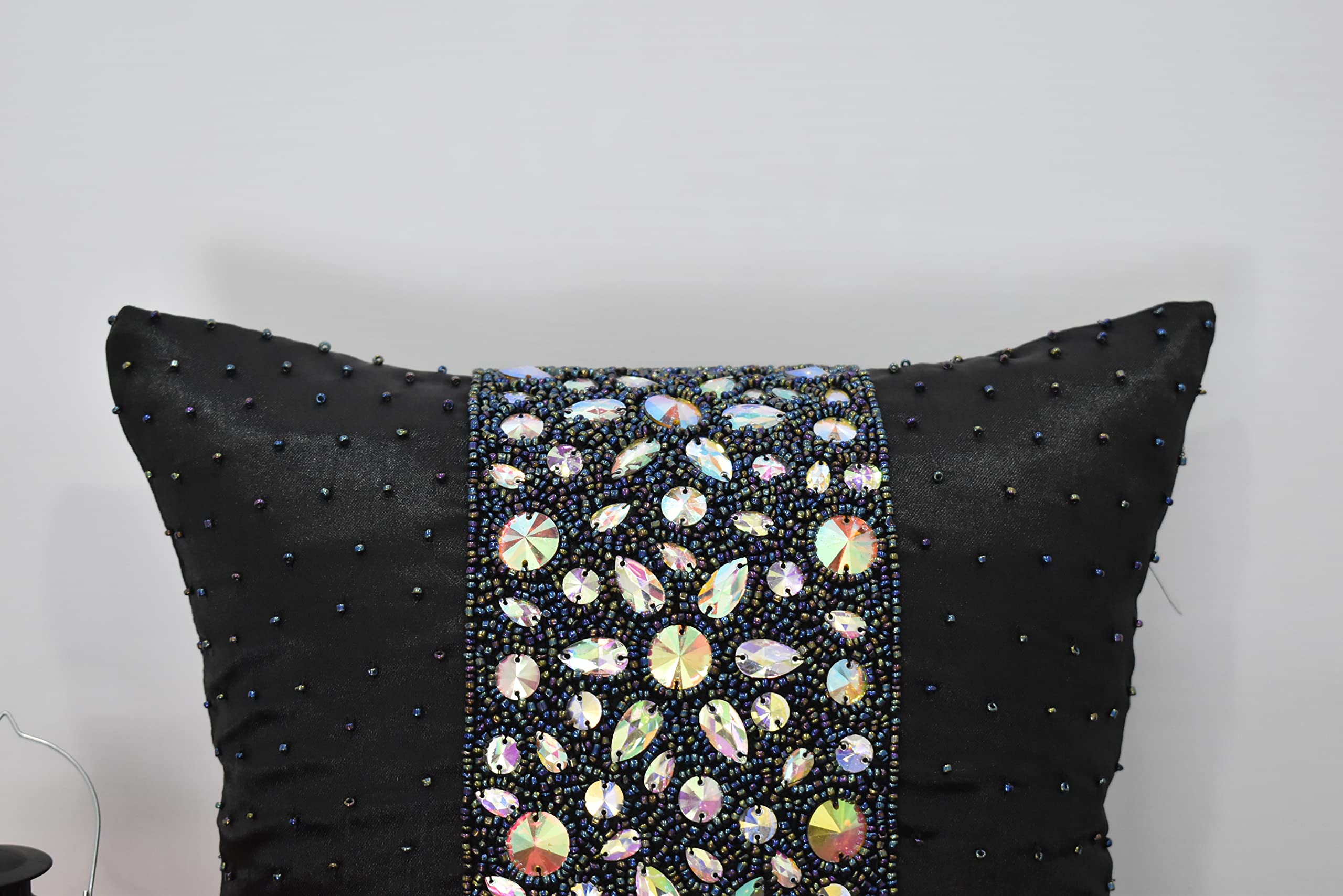 Luxury Black Rainbow Beaded Pillow Cover - Handmade Embroidered Decorative Throw Pillow Case - Modern Contemporary Embellished Design - Custom Personalized Home Decor (24x24 Inches) - Perfect for Sofa, Bed, Living Room & Nursery Decor