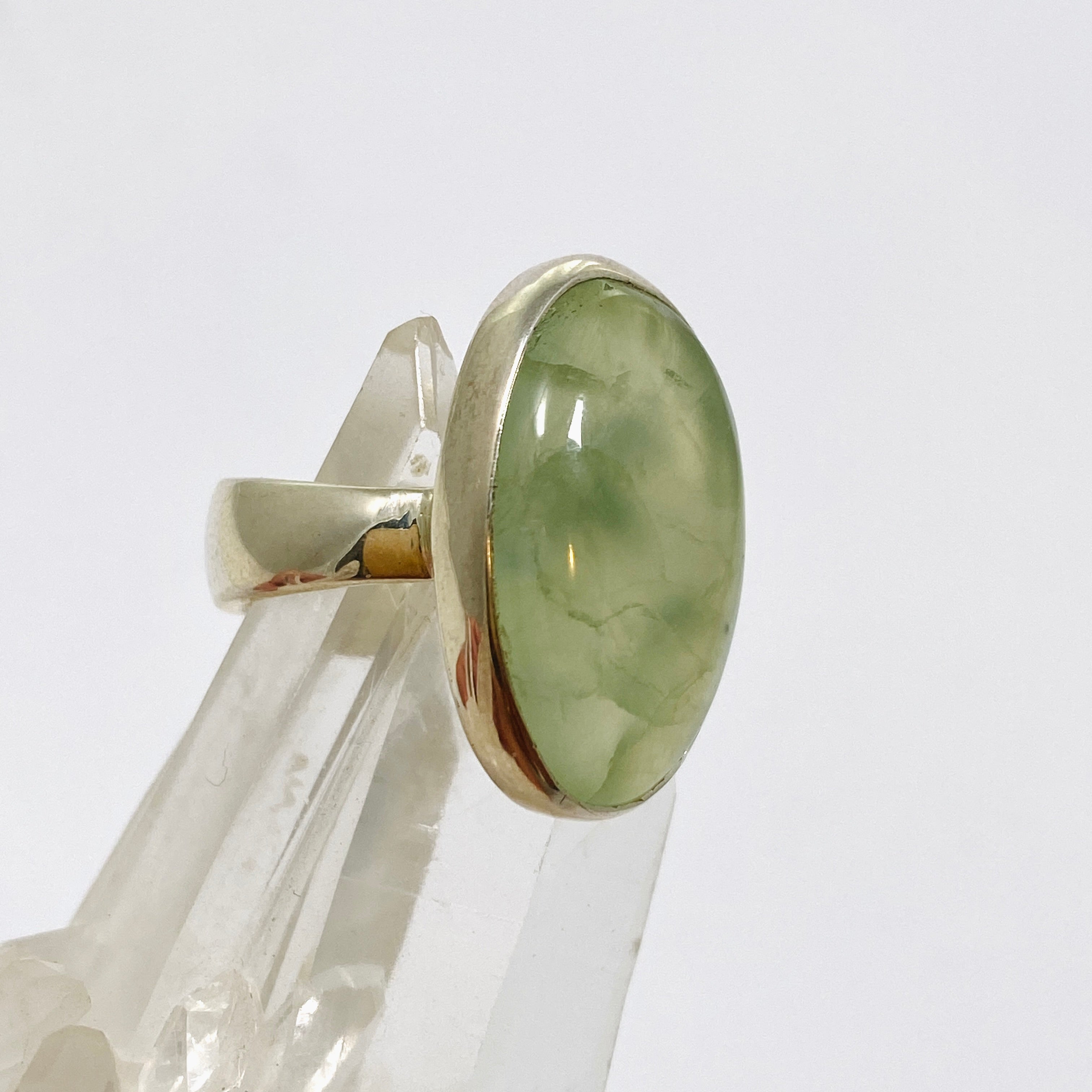 Prehnite Oval Cabochon Ring - Size 8 Sterling Silver Jewelry KRGJ3355 | Perfect for Boho Chic Outfits & Spiritual Healing