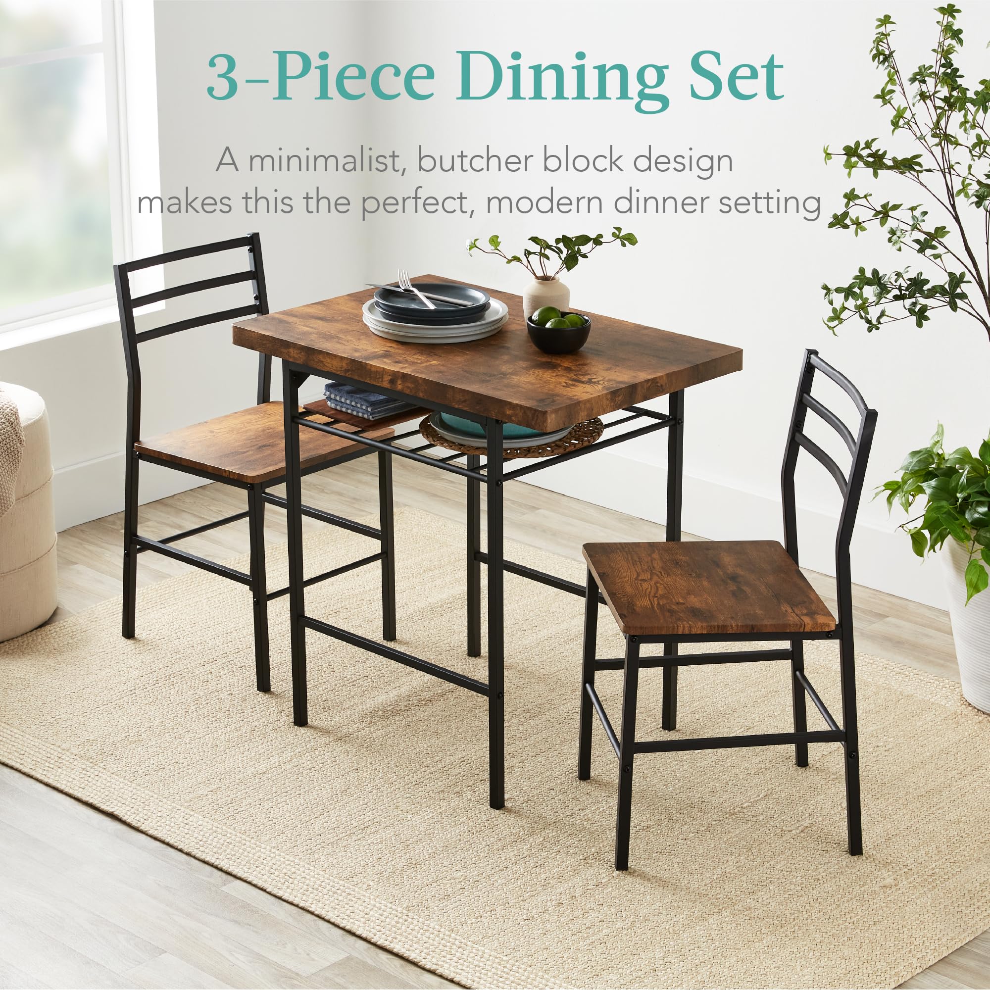 Best Choice Products 3-Piece Modern Dining Set with Steel Frame & Built-in Storage - Space Saving Kitchen Dinette for Small Apartments, Breakfast Nooks & Compact Dining Rooms (Brown) - Perfect for Studio Living, Tiny Homes & Cozy Dining Spaces