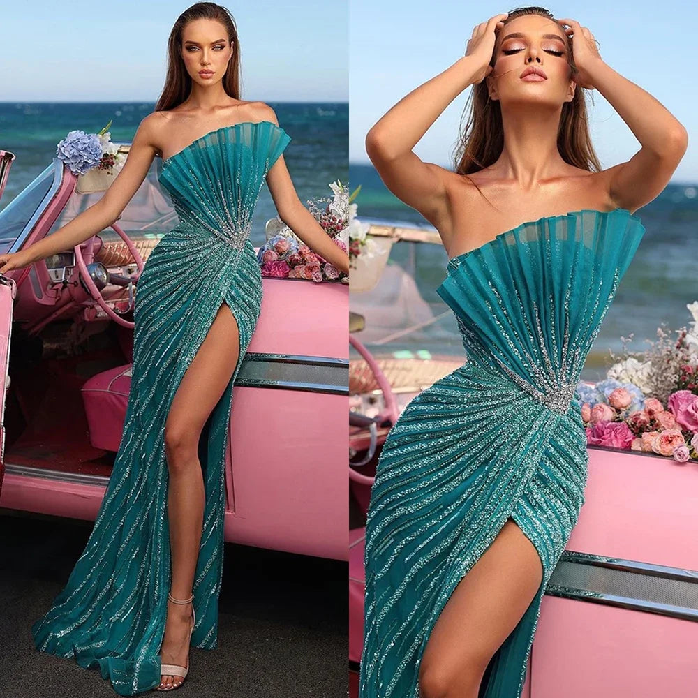 Elegant Green Mermaid Evening Gown with High Split & Off-Shoulder Beaded Design - Luxury Dubai Party Dress for Women 2025 (LA72049) | Perfect for Prom, Gala, Wedding & Formal Events