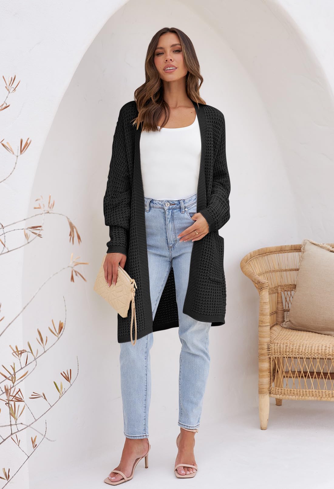 MEROKEETY Women's Oversized Long Batwing Sleeve Cardigan Waffle Knit Sweater Coat - Soft & Cozy Open Front Sweater for Fall & Winter, Perfect for Casual Outfits, Office Wear and Loungewear