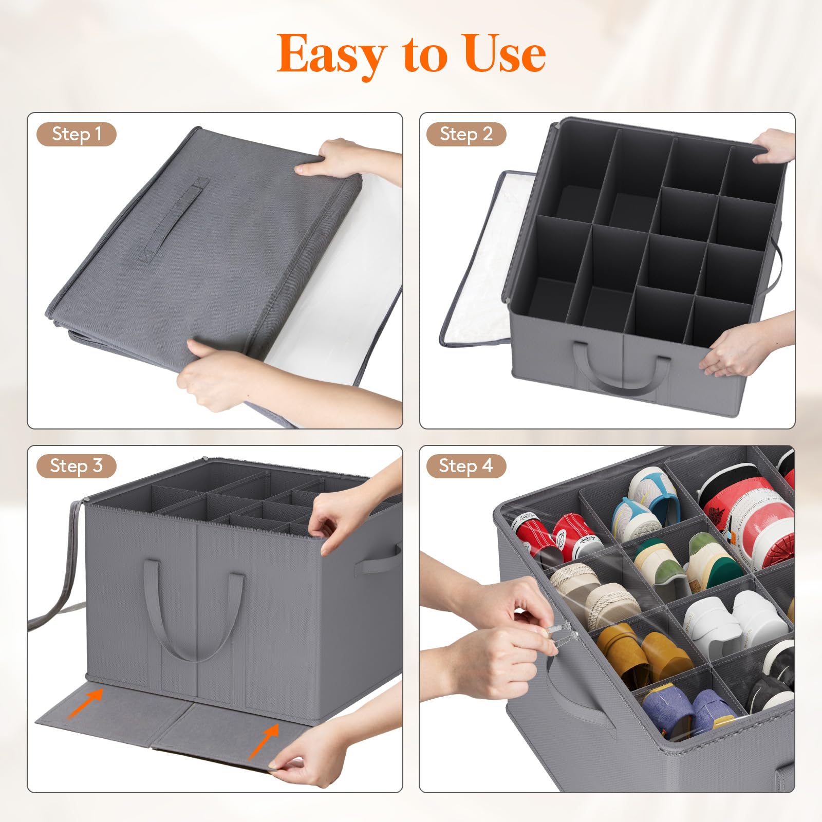 **Lifewit Foldable Shoe Storage Organizer for Closet – Holds 12-16 Pairs, Clear View & Reinforced Handles – Large Shoe Box Containers for Boots, Heels, Sneakers (2-Pack, Gray) – Perfect for Home, Office & Travel Organization**