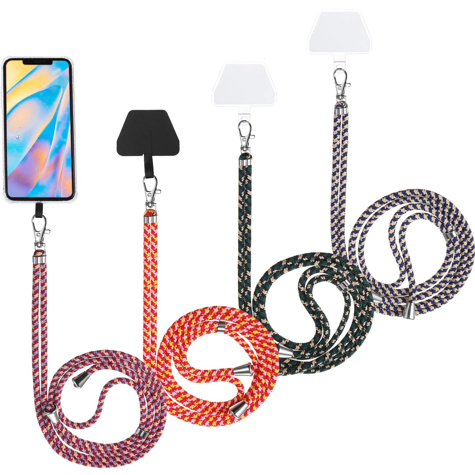 4 Pack Adjustable Detachable Nylon Phone Lanyard with 4 Black & Clear Phone Pads - Universal Neck Strap for iPhone, Samsung & Most Smartphones - Perfect for Work, Travel, Events & Hands-Free Convenience
