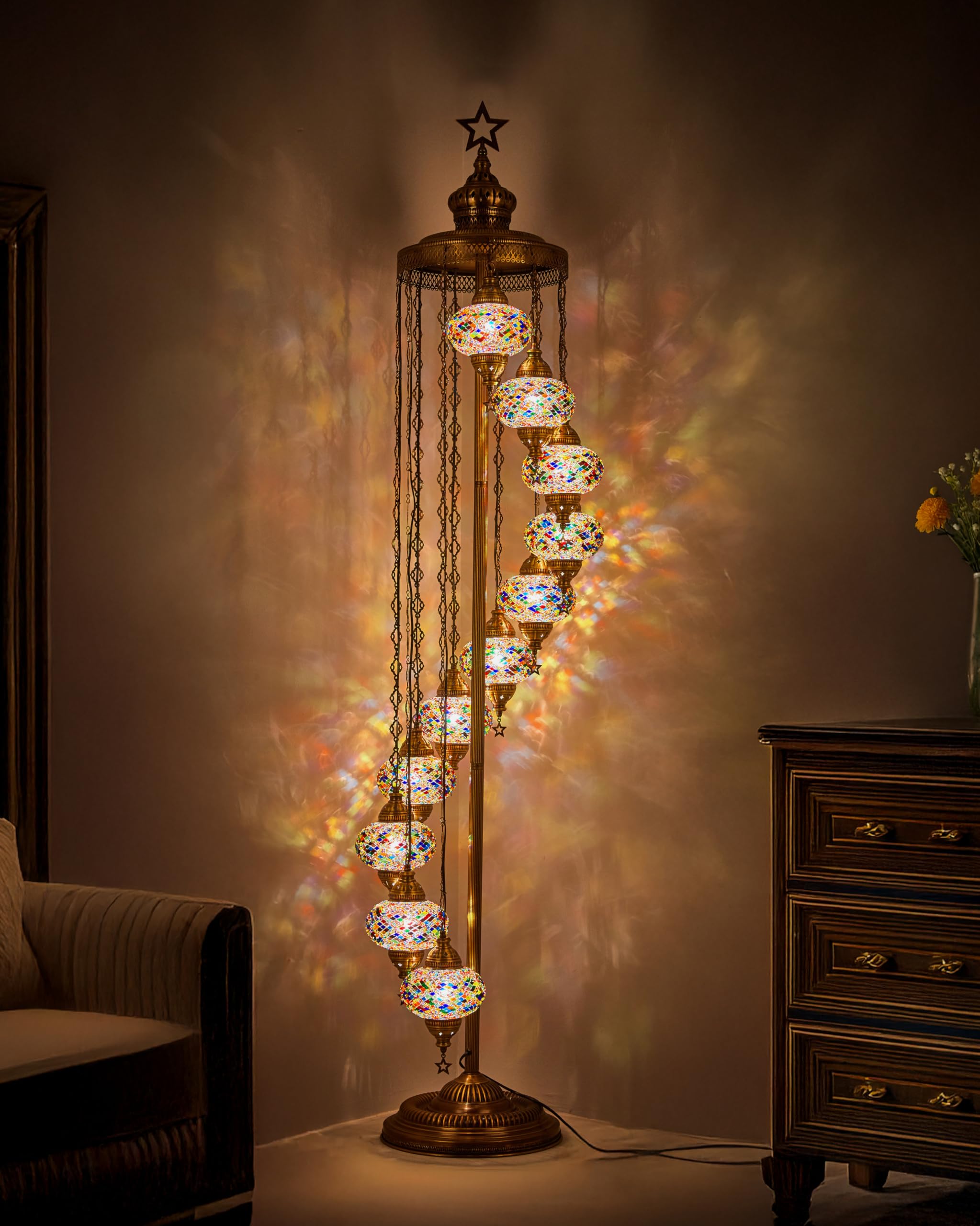 DEMMEX 11 Globe Turkish Floor Lamp - 7ft Tall Moroccan Mosaic Standing Lamp, Handmade Tiffany-Style Decorative Lighting for Bedroom & Living Room - Multicolor Glass Shade - Perfect for Boho Home Decor, Cozy Reading Nook & Romantic Ambiance