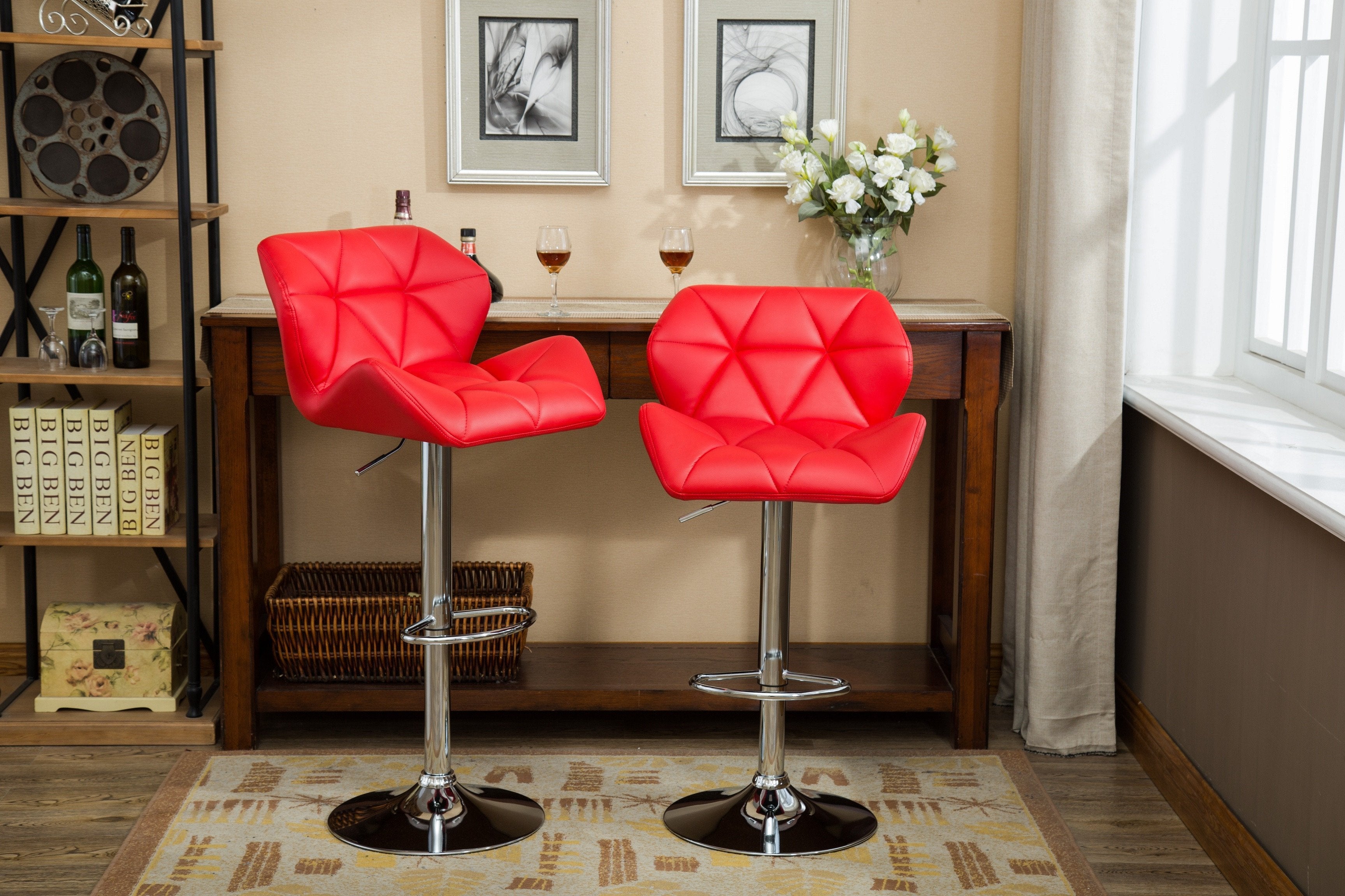 Roundhill Furniture Glasgow Contemporary Tufted Adjustable Hydraulic Bar Stools, Red, Set of 2 - Perfect for Kitchen Islands, Home Bars & Modern Dining Areas