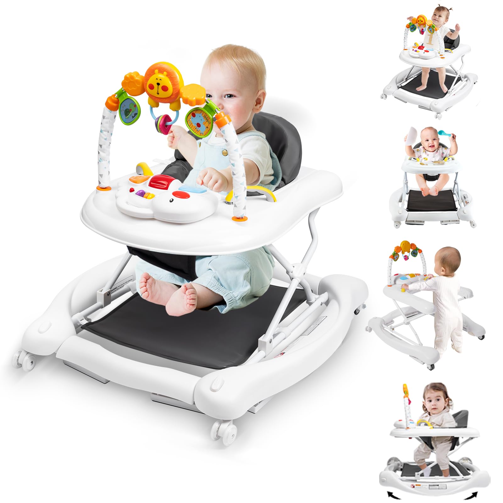 5-in-1 Baby Walker for Boys & Girls 6-18 Months | Foldable Activity Walker with Adjustable Height, Removable Footrest & Feeding Tray | Toddler Walker with Bouncer & Music | Perfect for Learning to Walk, Playtime & Mealtime at Home