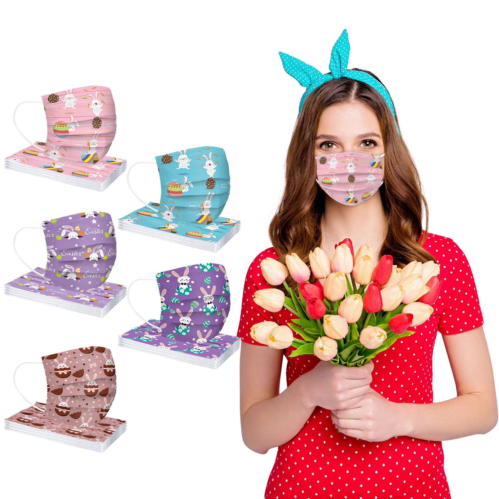 50 Pack Easter Disposable Face Masks - Cute Printed Egg & Rabbit Design - Breathable 3-Ply Face Coverings for Adults - Perfect for Easter Parties, Egg Hunts & Spring Celebrations
