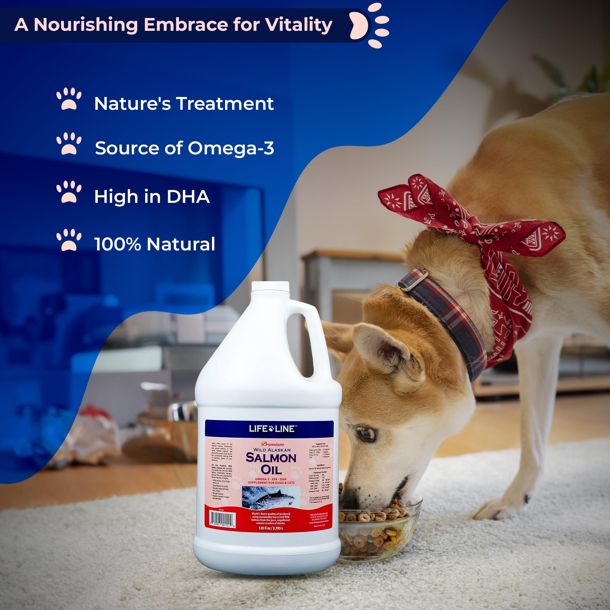 Life Line Pet Nutrition Wild Alaskan Salmon Oil Omega-3 Supplement for Dogs & Cats – Supports Skin, Coat, Brain, Eye & Heart Health – 128 oz – Ideal for Daily Pet Wellness & Allergy Relief