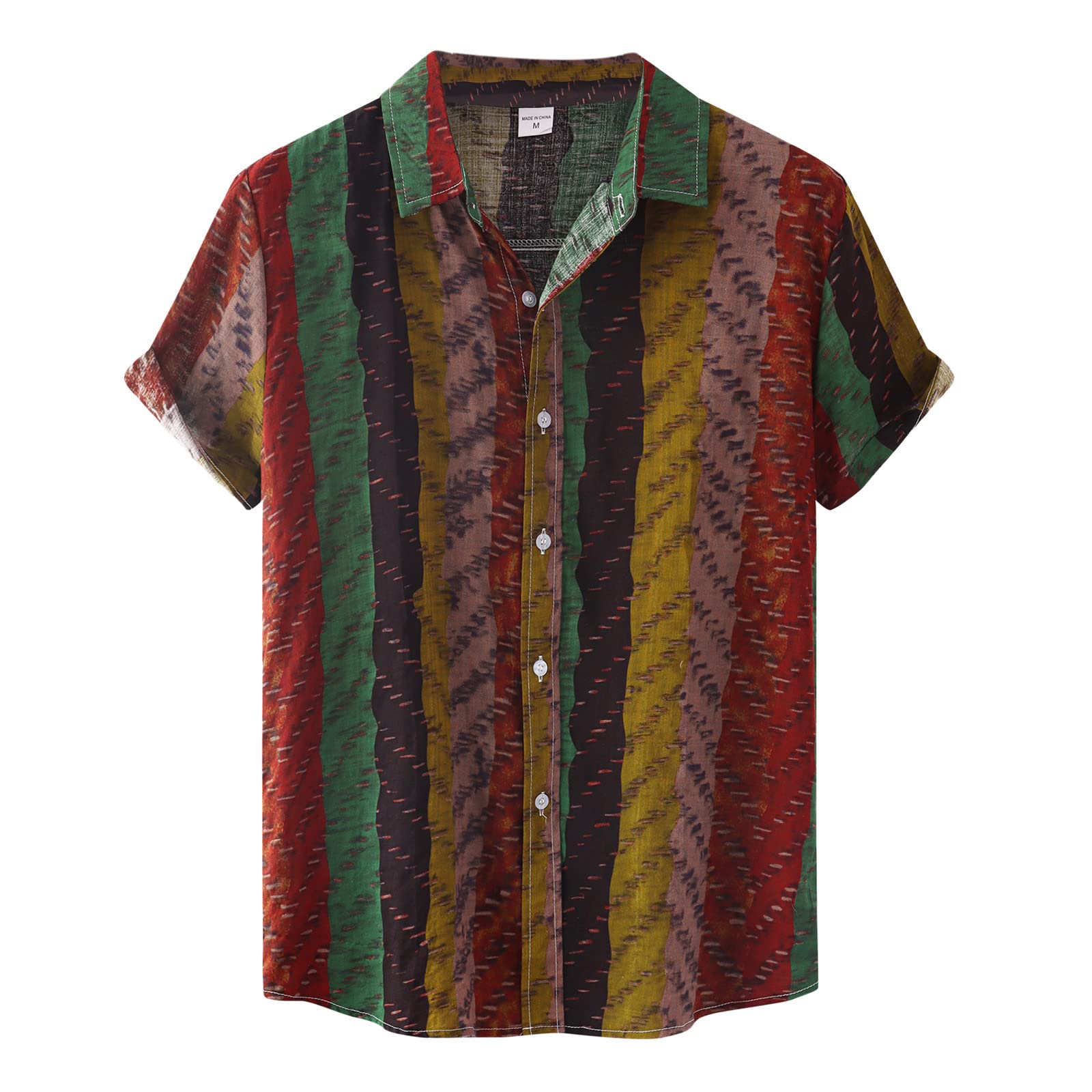 Men's Casual Short Sleeve Striped Button Down Shirt with Collar & Spandex - Breathable Comfort for Work, Travel & Summer Outings