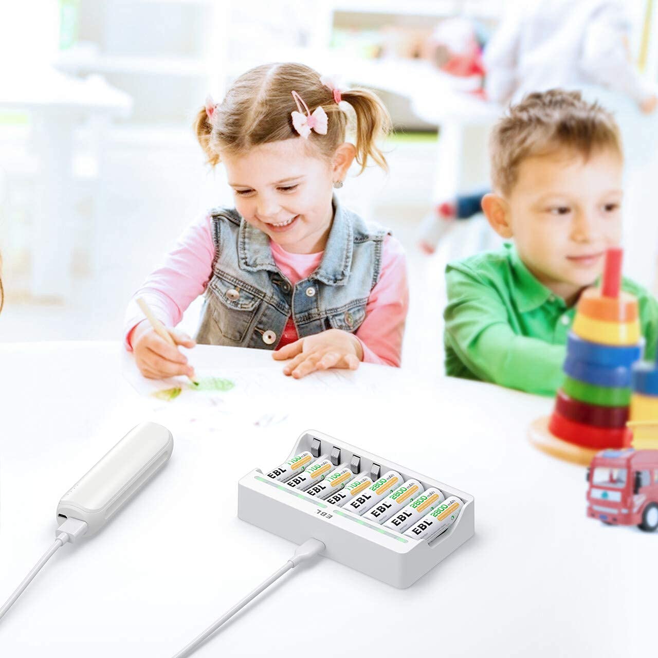 EBL 8 Bay AA AAA Battery Charger for NiMH NiCD Rechargeable Batteries - Fast USB Charging with Independent Slots & Smart Technology to Extend Battery Life - Perfect for Home, Office, and Travel Use