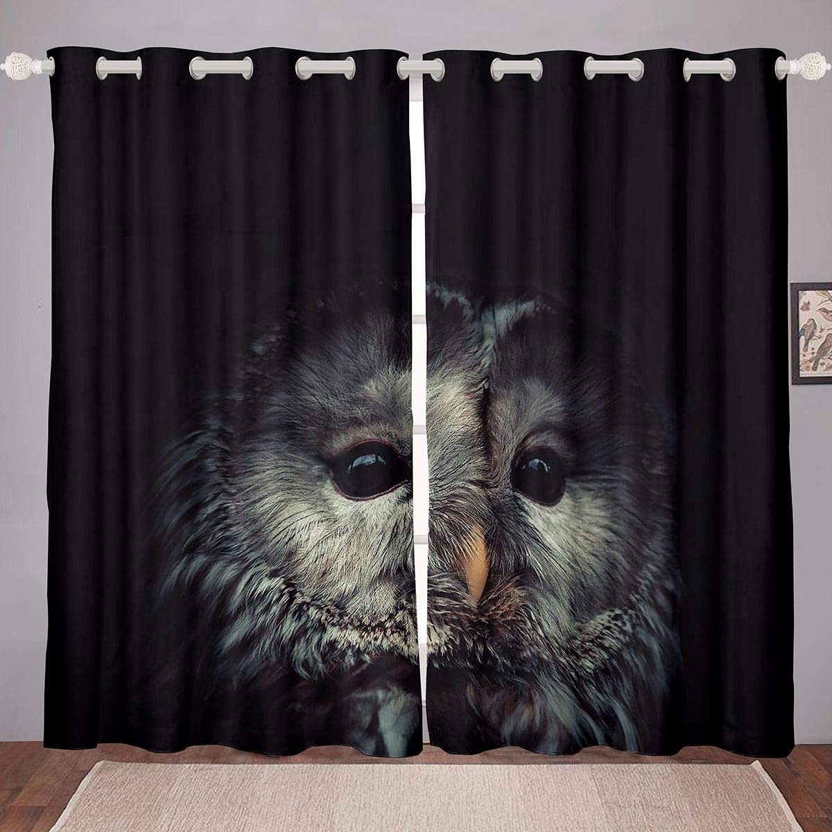 Feelyou 3D Owl Print Window Curtains for Kids Room - Cute Cartoon Bird Design Blackout Drapes (2 Panels, 52x63 Inches) - Perfect for Nursery, Bedroom & Playroom Decor