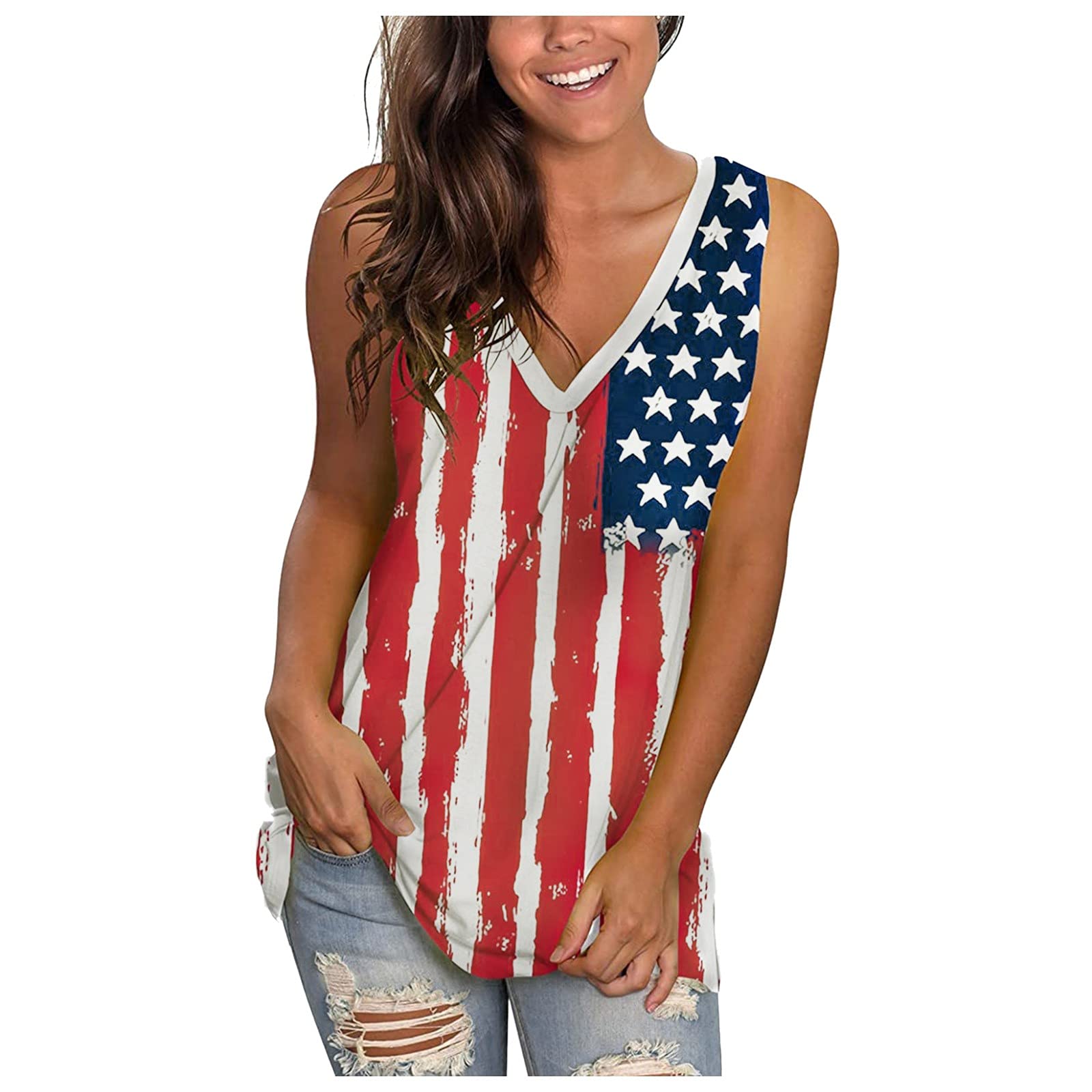 JQUEBGU Women's Flowy V-Neck Tank Tops - Casual Loose Fit Sleeveless Printed T-Shirts for Summer, Beach, Yoga & Everyday Wear