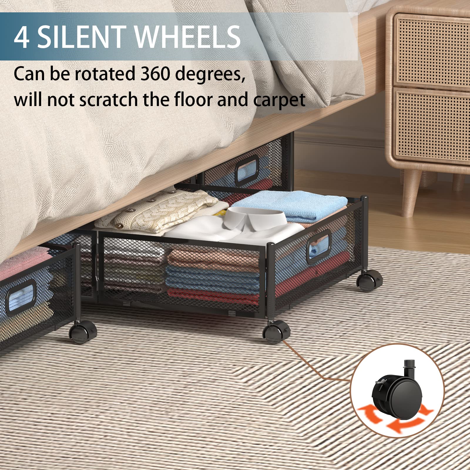 Under Bed Storage Containers with Wheels - Foldable Shoe & Clothes Organizer Drawers for Bedroom - 2 Pack Black Storage Bins for Blankets, Shoes & Bedding - Perfect for Small Spaces & Closet Organization