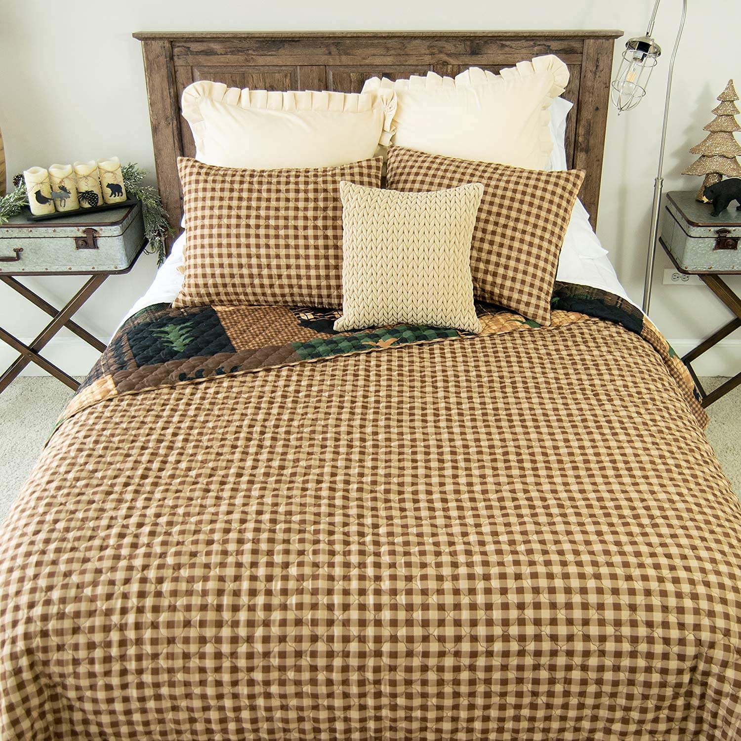 Brown Bear Lodge King Bedding Set - 3pc Quilt & Shams for Cabin Decor