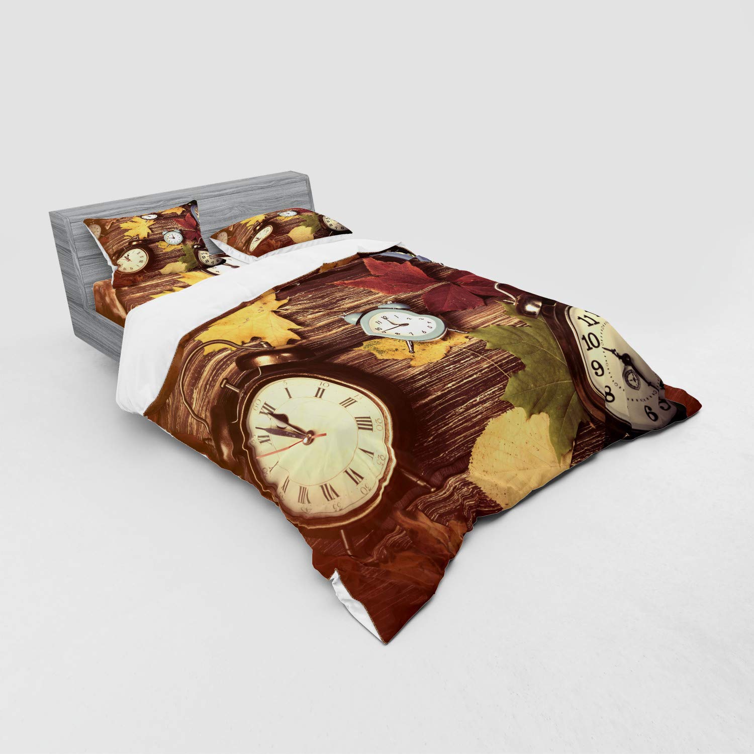 Ambesonne Autumn Maple Leaves & Alarm Clocks Printed 4-Piece Queen Bedding Set - Duvet Cover, Shams & Fitted Sheet - Fall-Themed Bedroom Decor for Cozy Seasonal Styling