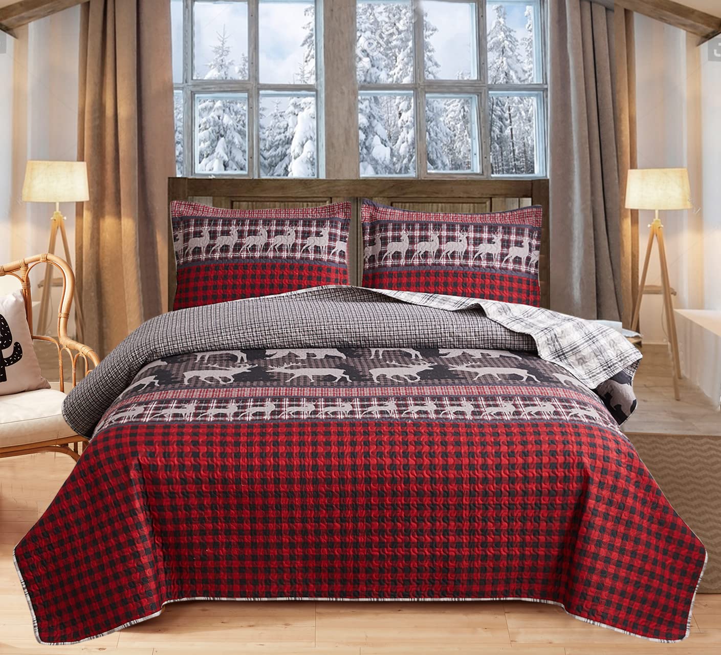 King Size Reversible Rustic Lodge Quilt Set - Red Black Buffalo Plaid Bedspread Coverlet | Lightweight Moose Bear Design for Country Cabin Bedding | Perfect for Cozy Winter Nights & Cabin Retreats