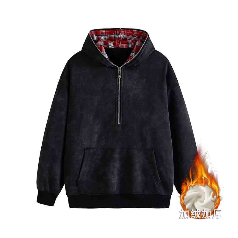Men's Faux Two-Piece Hoodie - Distressed Plaid Round Neck Thick Casual Pullover Sweatshirt for Winter | Streetwear, Loungewear & Outdoor Activities