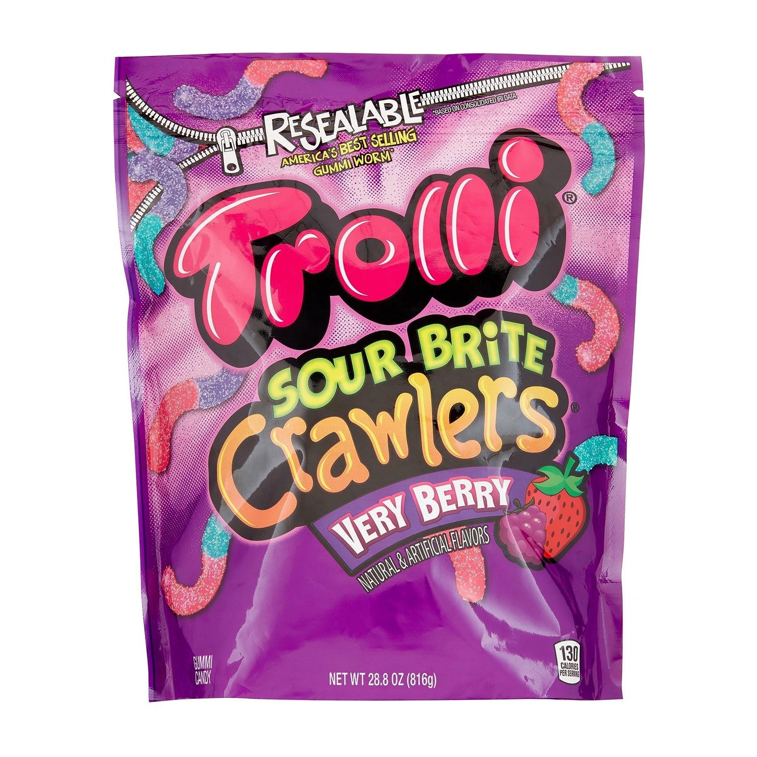 Ferrara Trolli Sour Brite Crawlers Very Berry Gummy Candy - 28.8oz Resealable Bag - Perfect for Halloween, Parties & Movie Nights