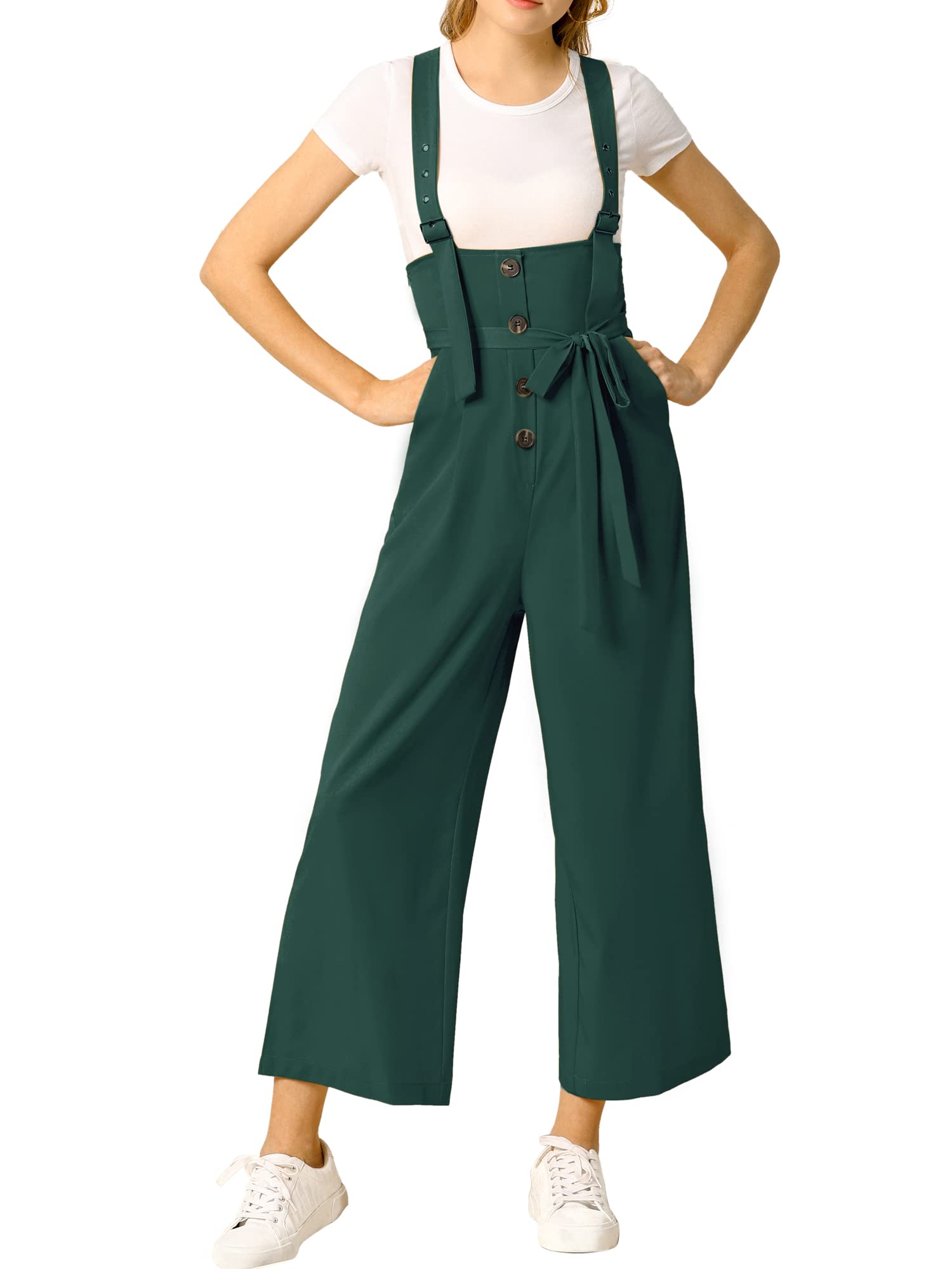 Allegra K Women's High Waist Wide Leg Belted Jumpsuit with Buttons - Stylish Long Overalls for Casual Wear, Office Outfits & Spring Fashion