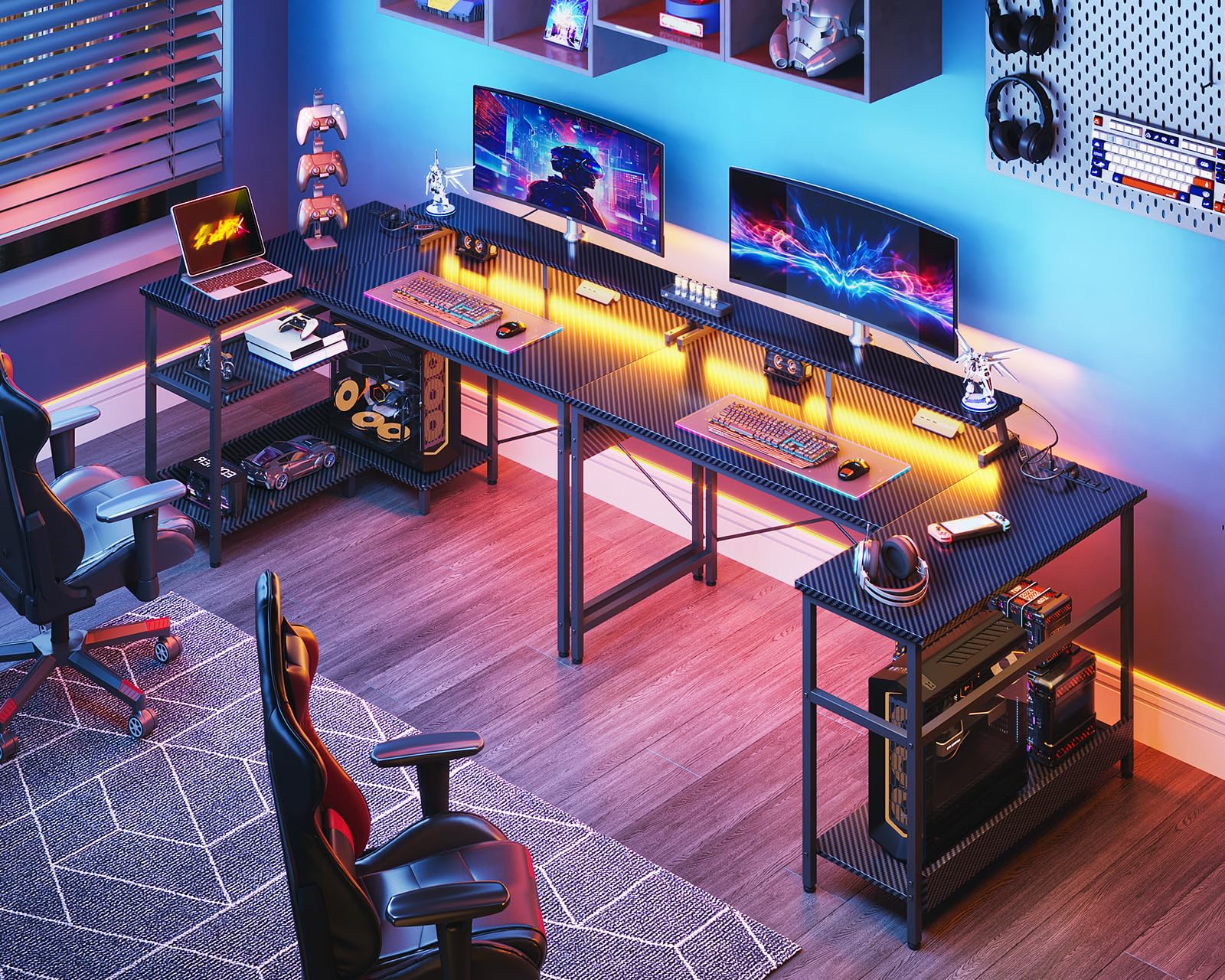 ODK 48 Inch L-Shaped Gaming Desk with USB Charging Ports, LED Lights & Power Outlets - Reversible Corner Computer Desk with Storage Shelves & Monitor Stand (Black) - Perfect for Gamers, Streamers & Home Office Setup
