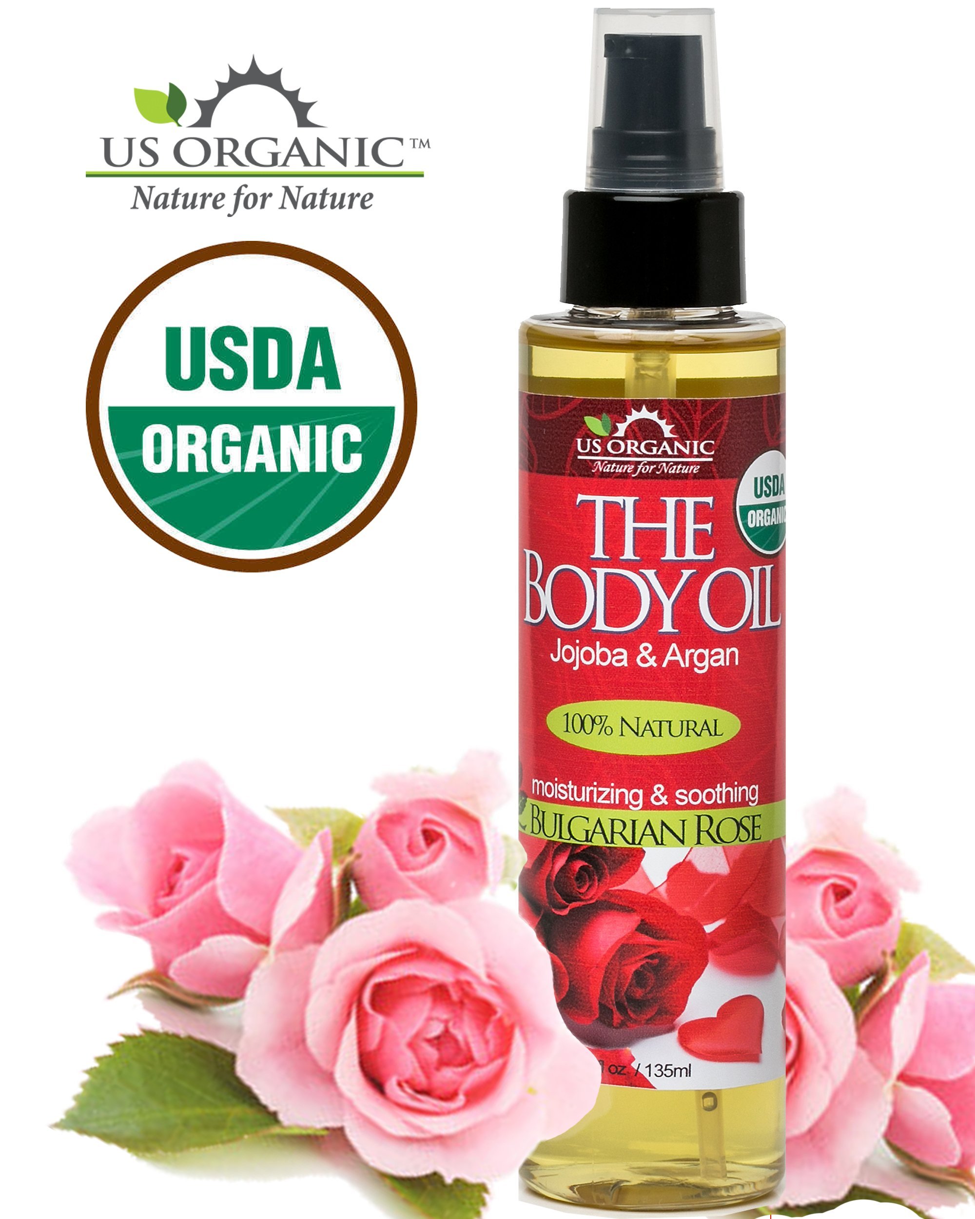 Organic Bulgarian Rose Body Oil with Jojoba & Argan Oil - USDA Certified, Vitamin E Enriched, Alcohol & Paraben Free - Romantic & Sensual Moisturizer for Dry Skin, Massage & Aromatherapy