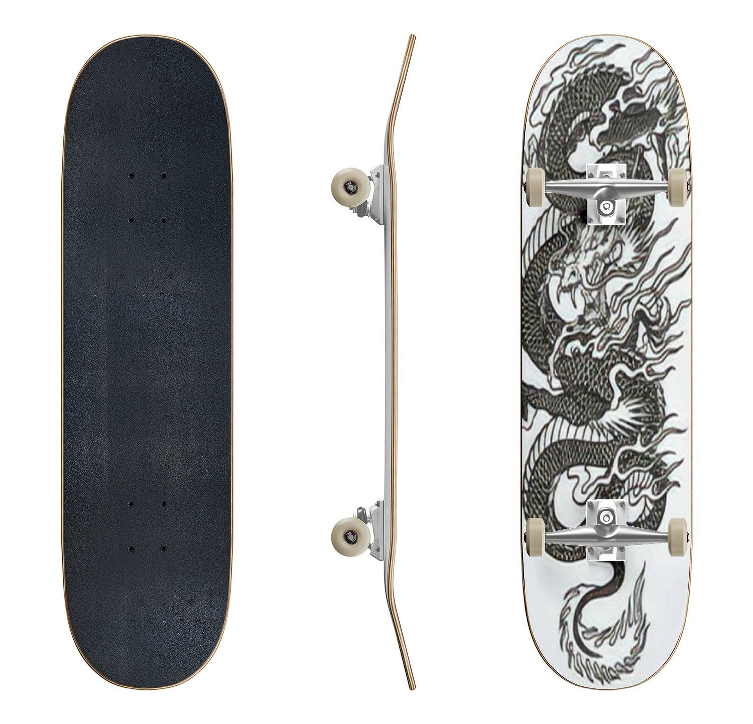 Premium Dragon Tattoo Skateboard - Classic Concave Longboard for Beginners & Professionals | Extreme Sports Equipment | Cool Teen Gifts for Skateboarding Enthusiasts | Perfect for Street Skating, Park Tricks & Commuting