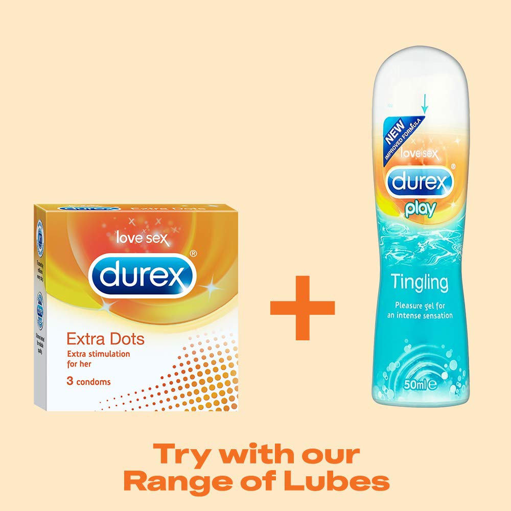 Durex Extra Dotted Condoms for Men - 3 Count | Ribbed & Textured for Enhanced Pleasure | Latex Safe with Lubes & Sex Toys | Perfect for Couples & Sensual Play
