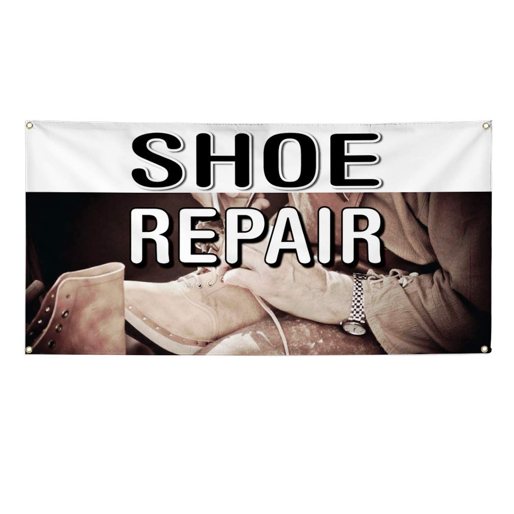 Durable Vinyl Banner for Shoe Repair Business - Weatherproof Outdoor Sign with 8 Grommets (48x96 Inches, Brown) - Perfect for Storefronts, Industrial Yards & Business Advertising