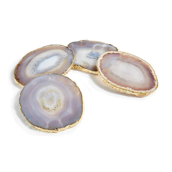 Premium Lumino Coasters Set of 4 - Elegant Smoke Agate Stone with Gold Accents for Coffee Tables, Bars & Home Decor