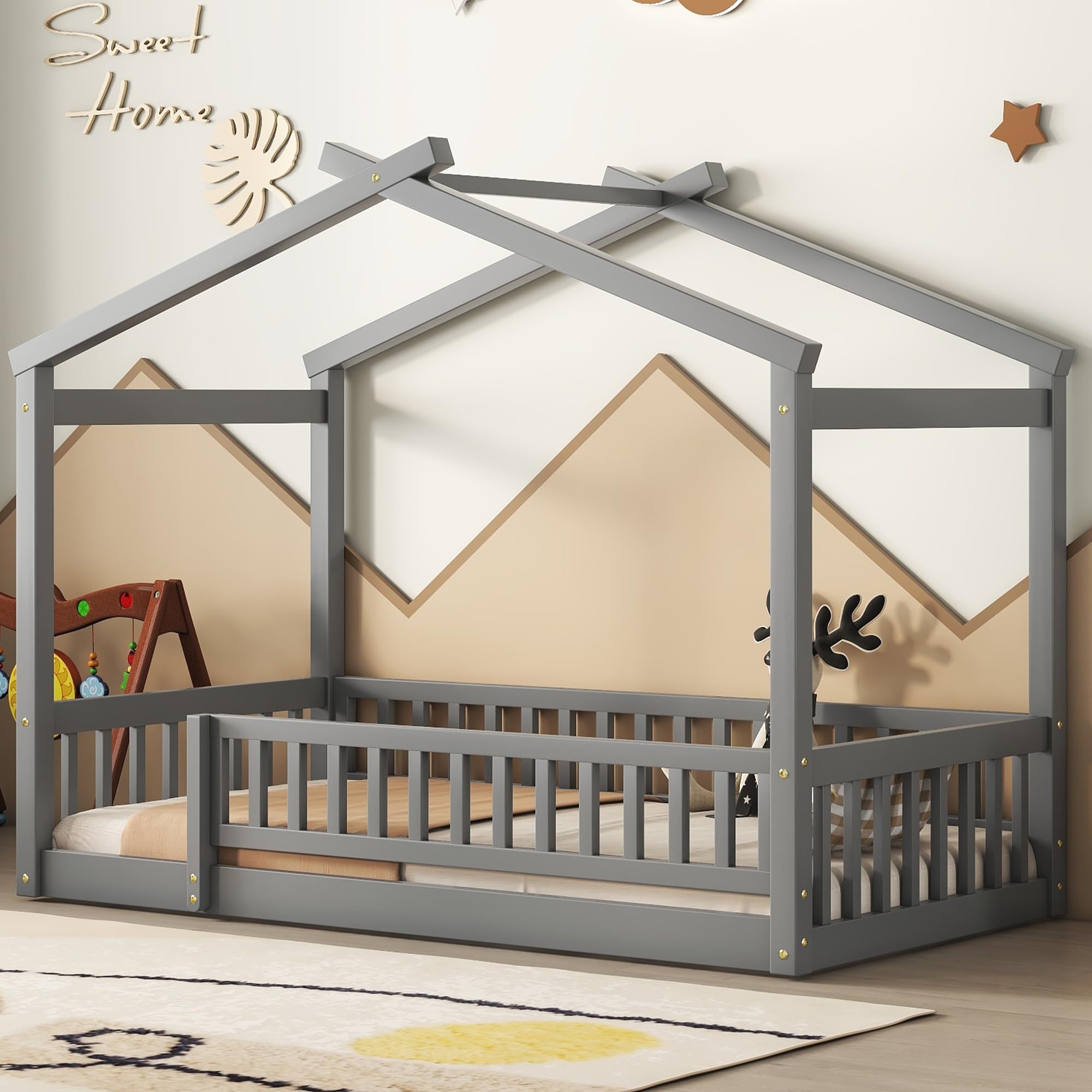 Montessori Twin Size House Bed with Fence Railings - Solid Wood Floor Bed Frame for Kids, Playhouse Bed for Boys & Girls in Gray - Perfect for Bedrooms, Playrooms & Montessori Learning Spaces